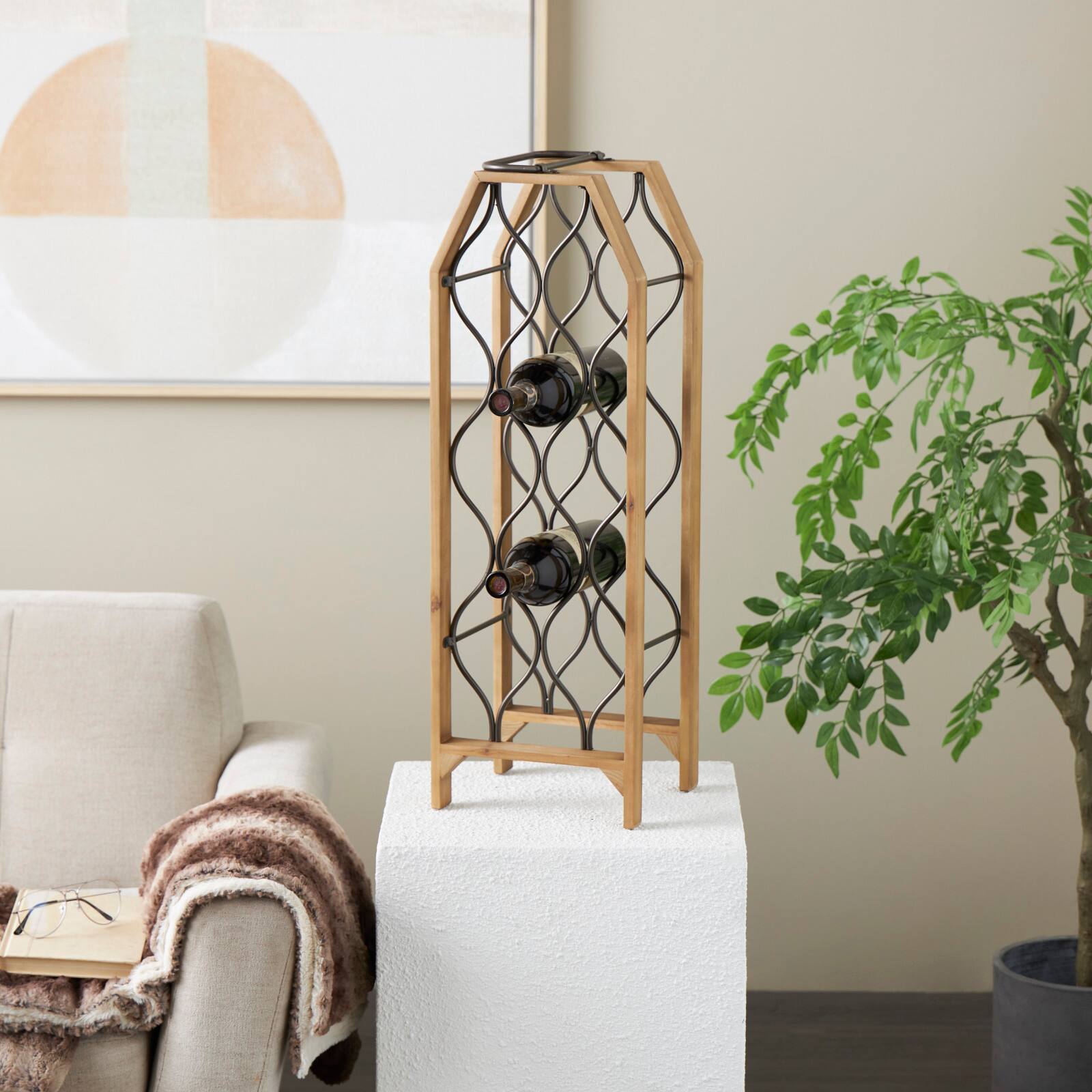 10" x 29" Brown Wood Tall 8 Slot Wine Rack with Gray Metal Curved Teardrop Holders