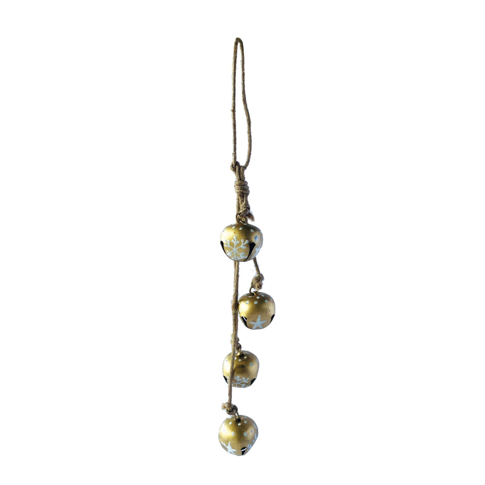 Hello Honey® 9" Hanging Metal Jingle Bells with Hand-Painted Stars & Snowflakes on Jute Rope Hanger