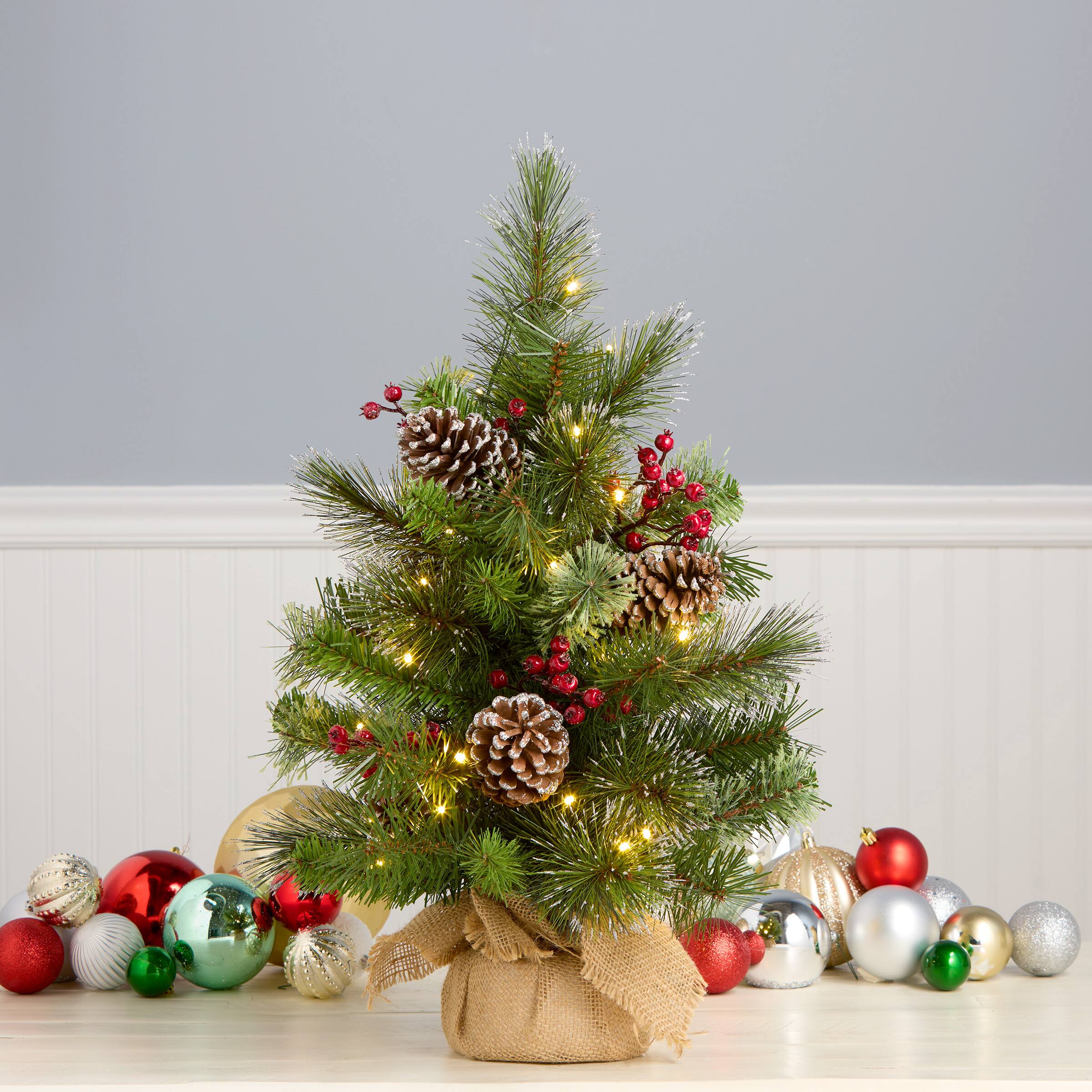 2ft. Pre-Lit Iced Berry Pine Burlap Artificial Tree in Burlap Sack, Warm White LED Lights