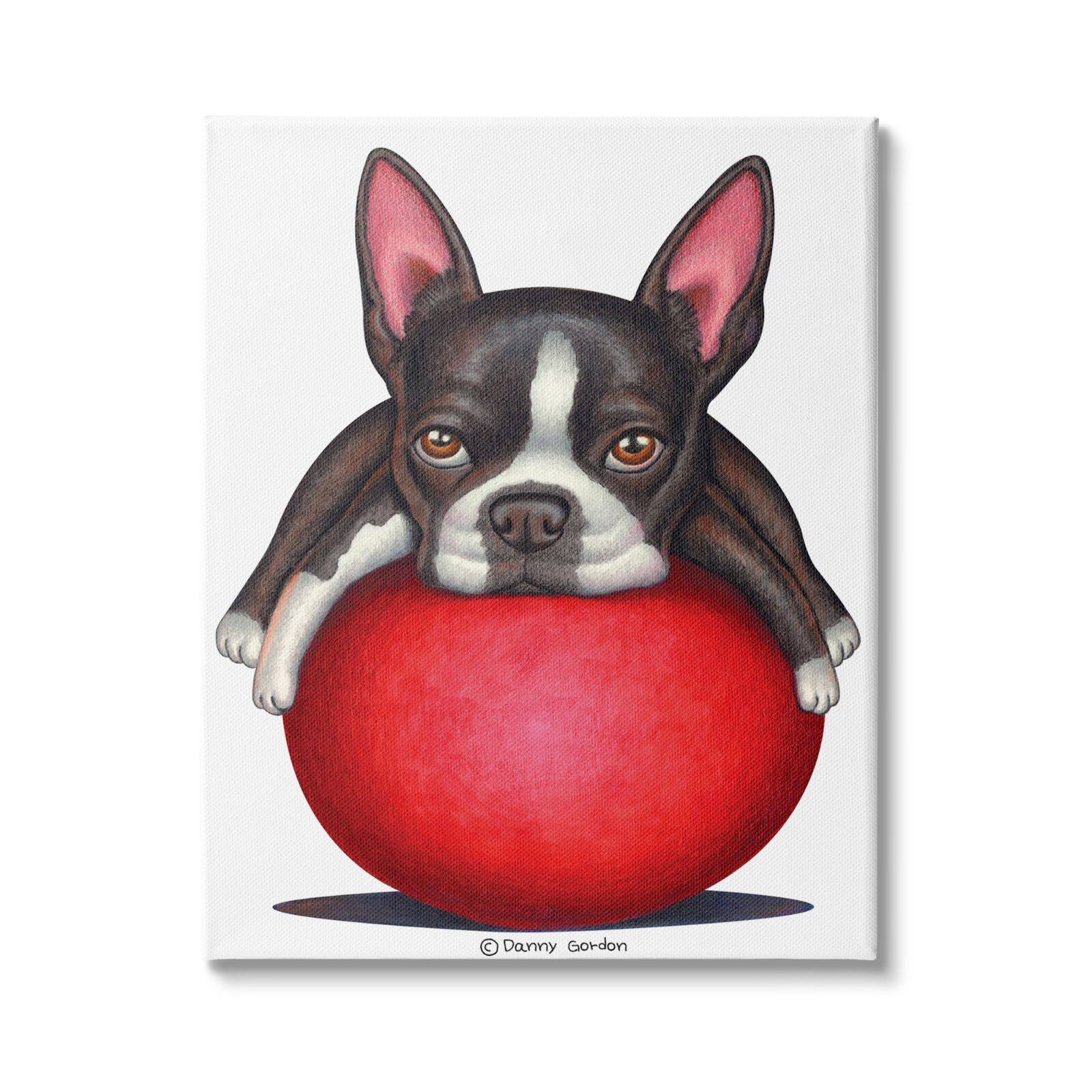 Stupell Industries Boston Terrier Big Red Ball Pet Dog Illustration Canvas Wall Art