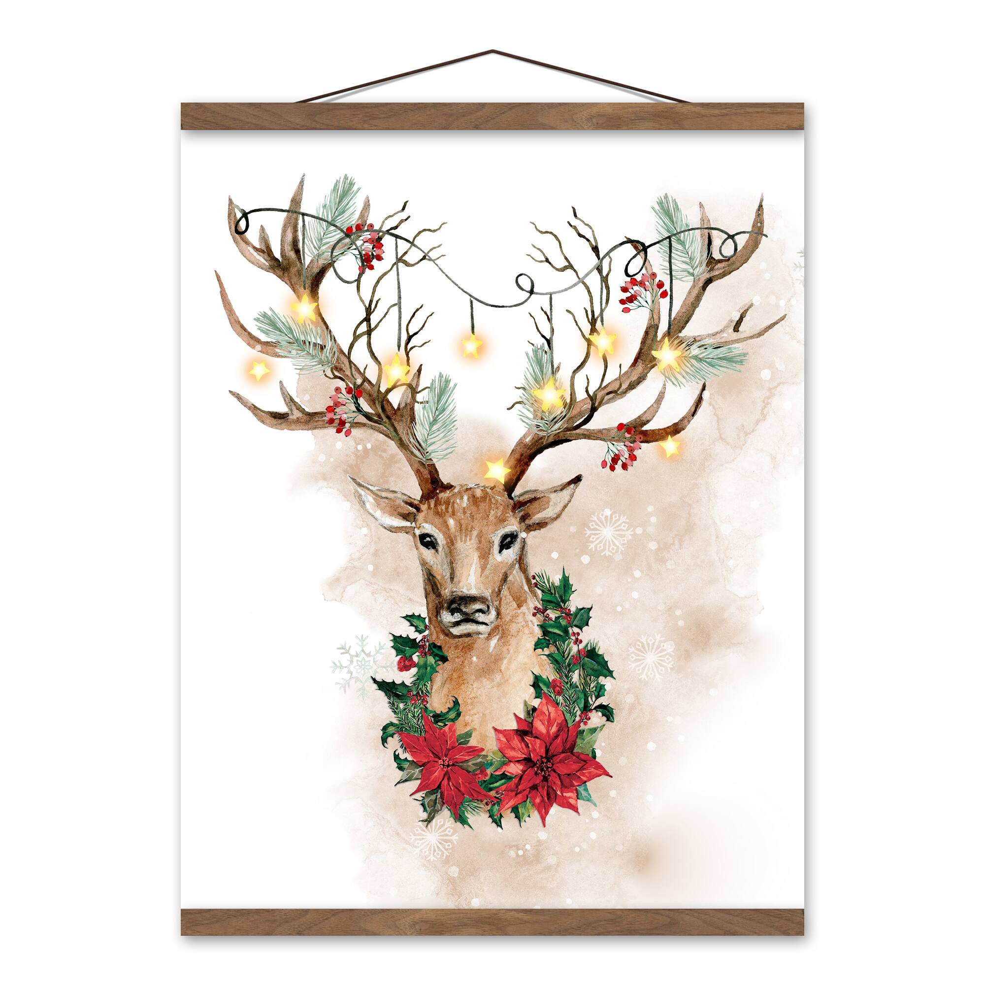 Watercolor Holiday Deer Teak Hanging Canvas