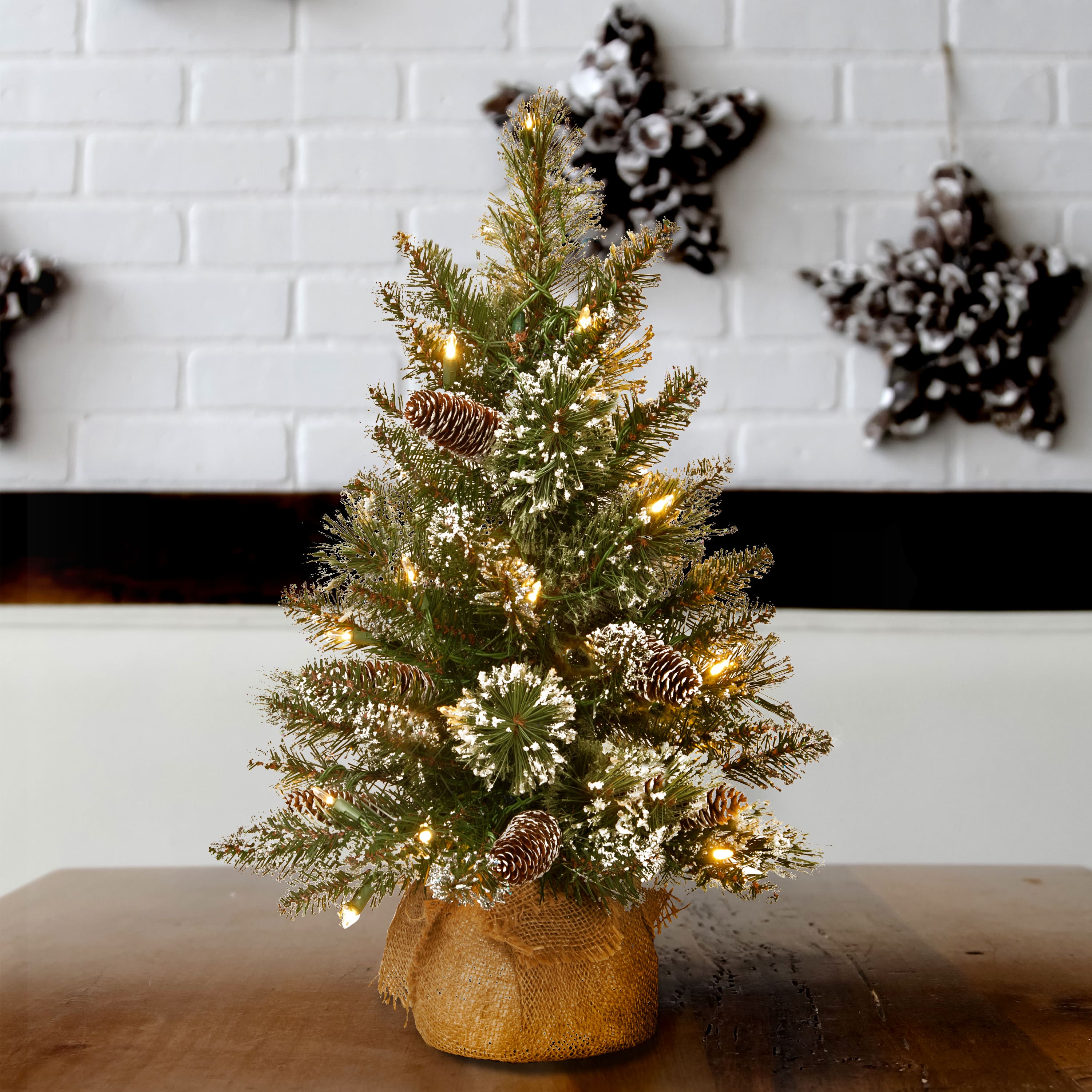 2ft. Pre-lit Glittery Bristle® Pine & Burlap Artificial Christmas Tree, Warm White LED Lights