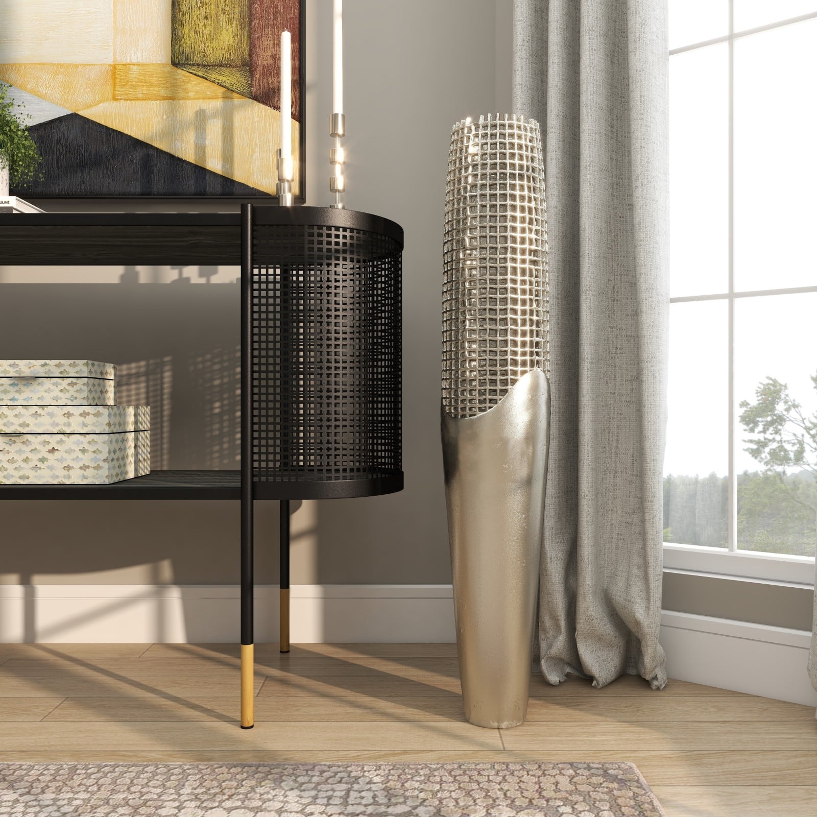 3ft. Silver Aluminum Grid Inspired Vase with Open Frame Design