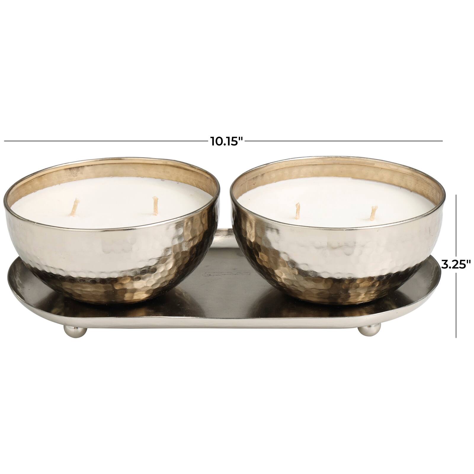 White Wax Vanilla Marshmallow Scented Candle Set with Silver Hammered Containers and Oval Holding Tray