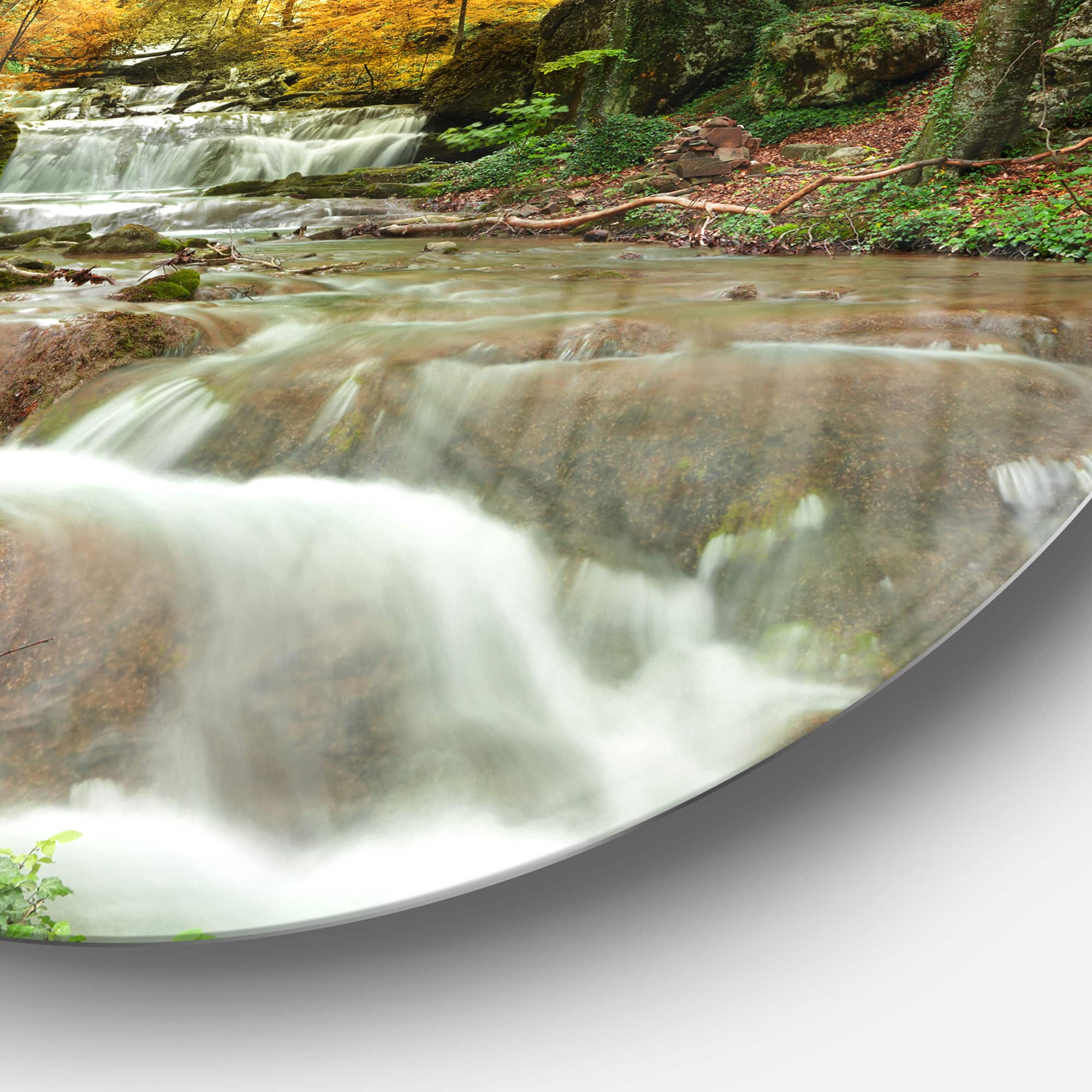 Designart - Forest Waterfall with Yellow Trees' Large Landscape Metal Circle Wall Art