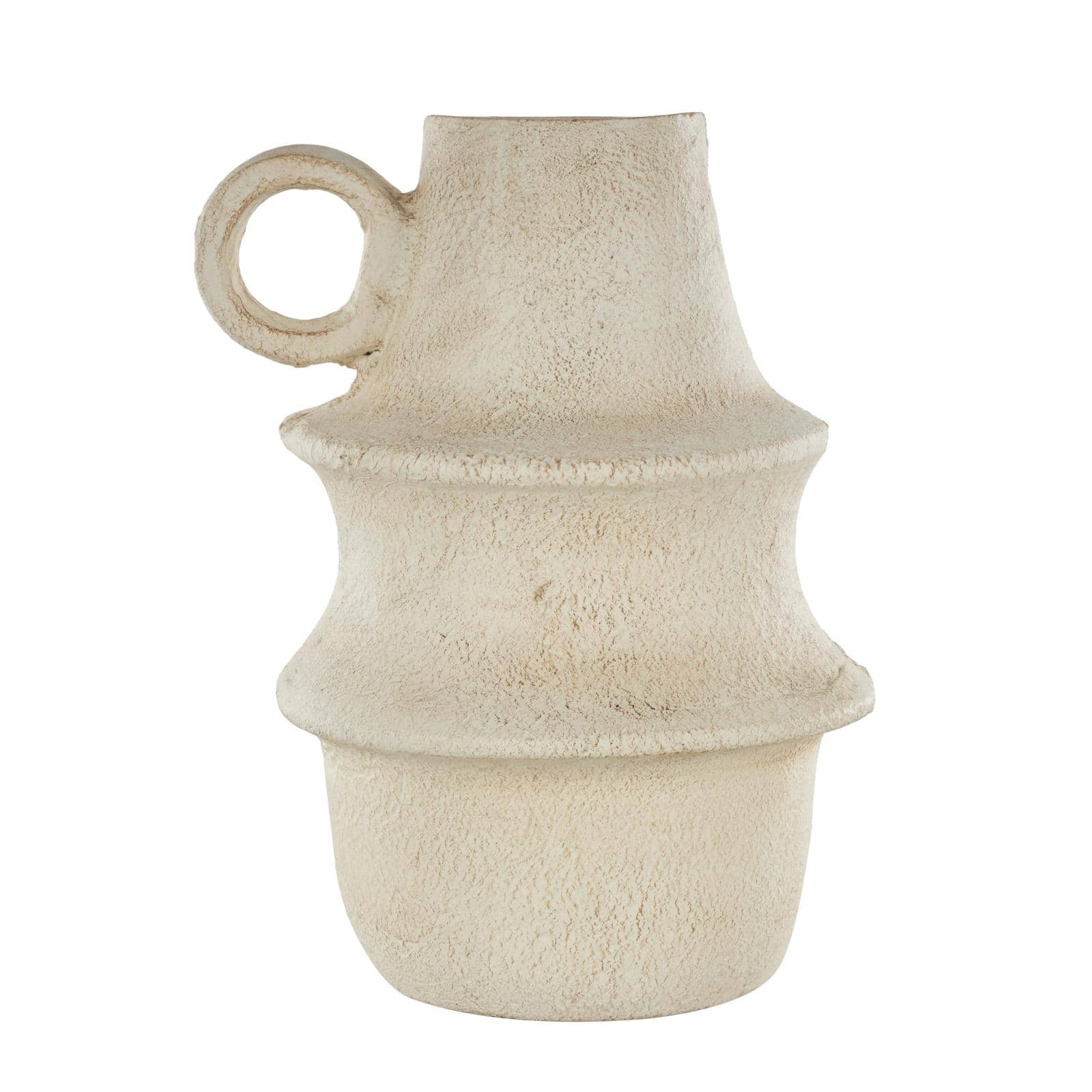 15.25" Cream Textured Paper Mache Fluted Vase with Ring Handle