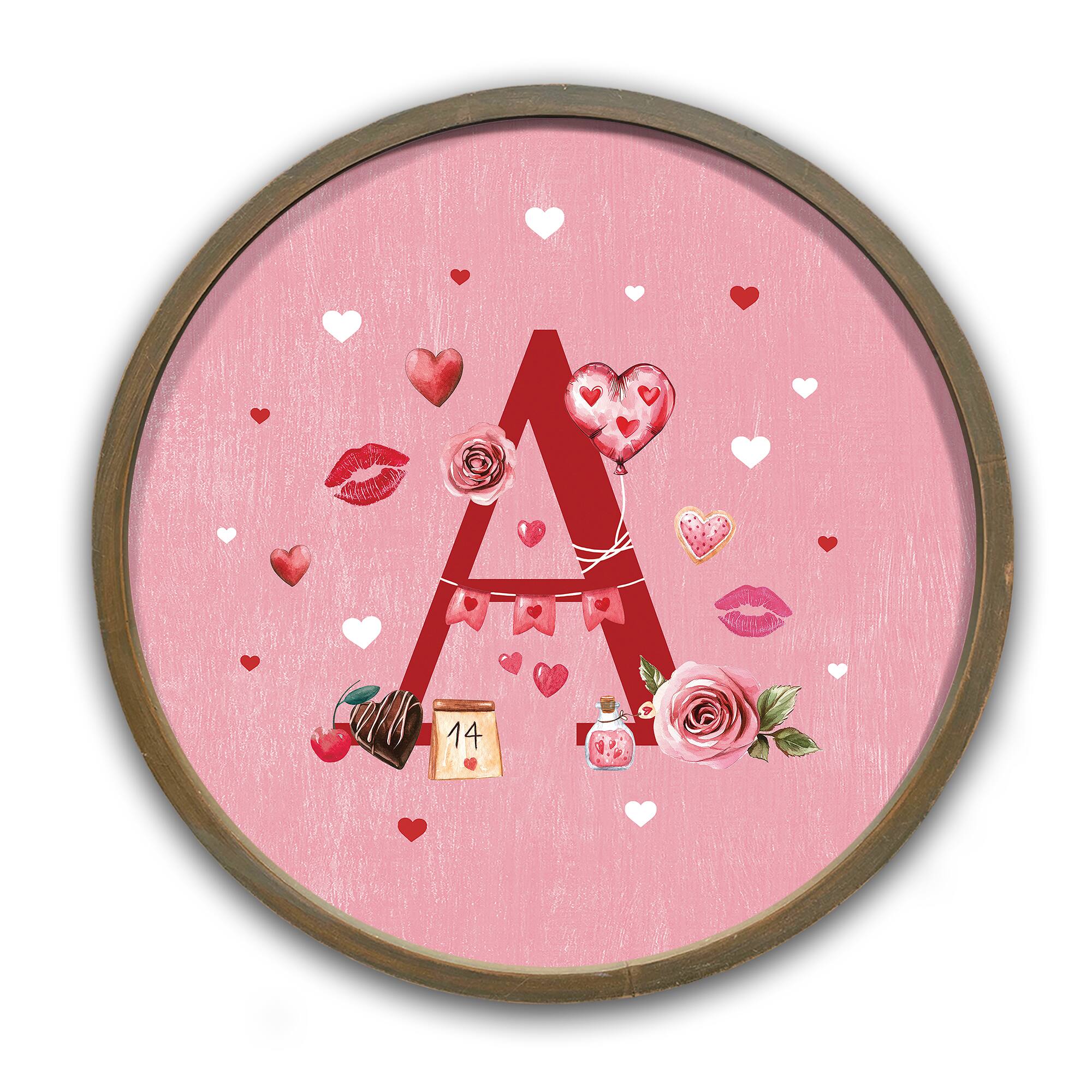 Designs Direct; Valentine Things Monogram Round Brown Framed Print; Category:Valentine's Day Wall Decor; Image:2