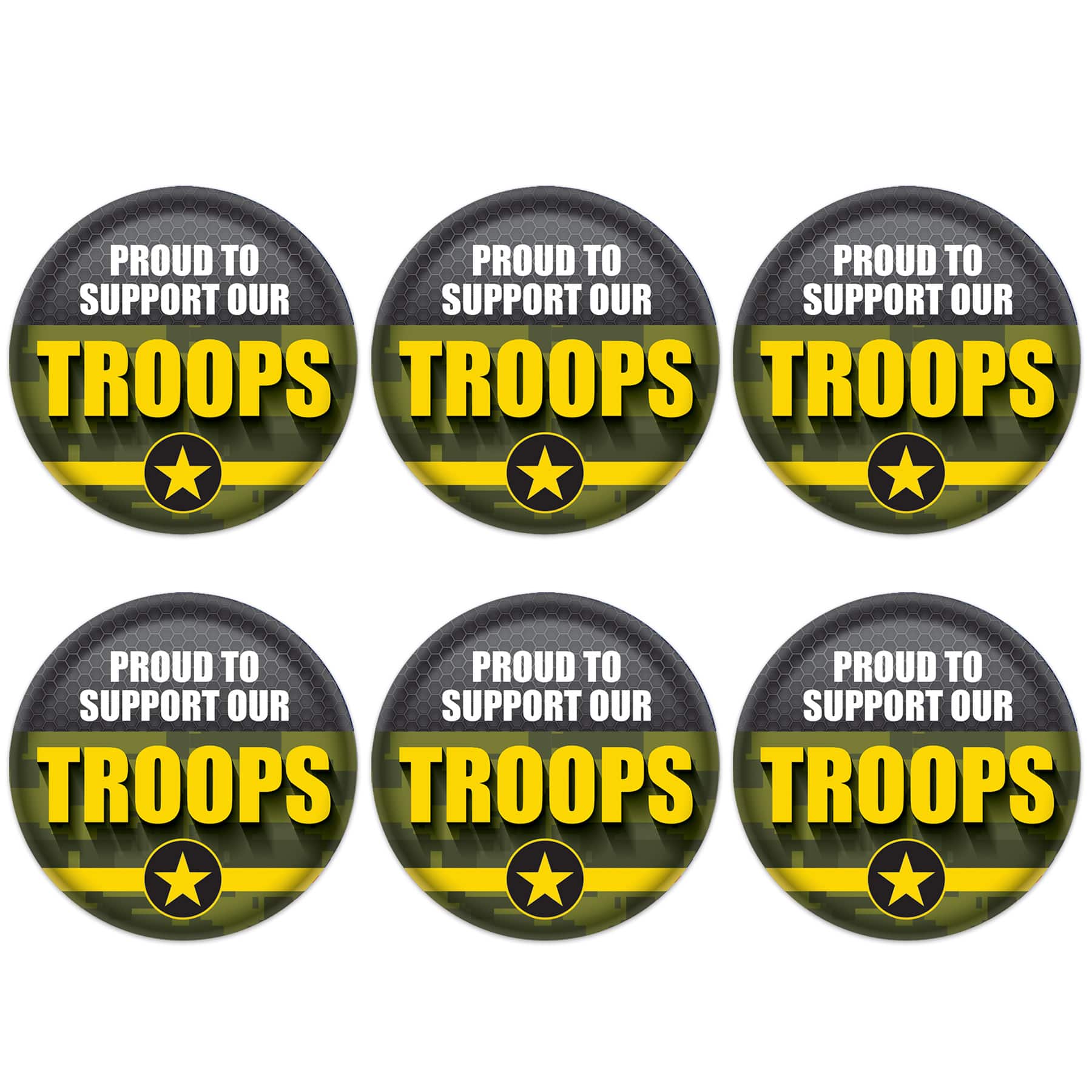 Beistle 2" Green Camouflage Proud To Support Our Troops Buttons, 6ct.