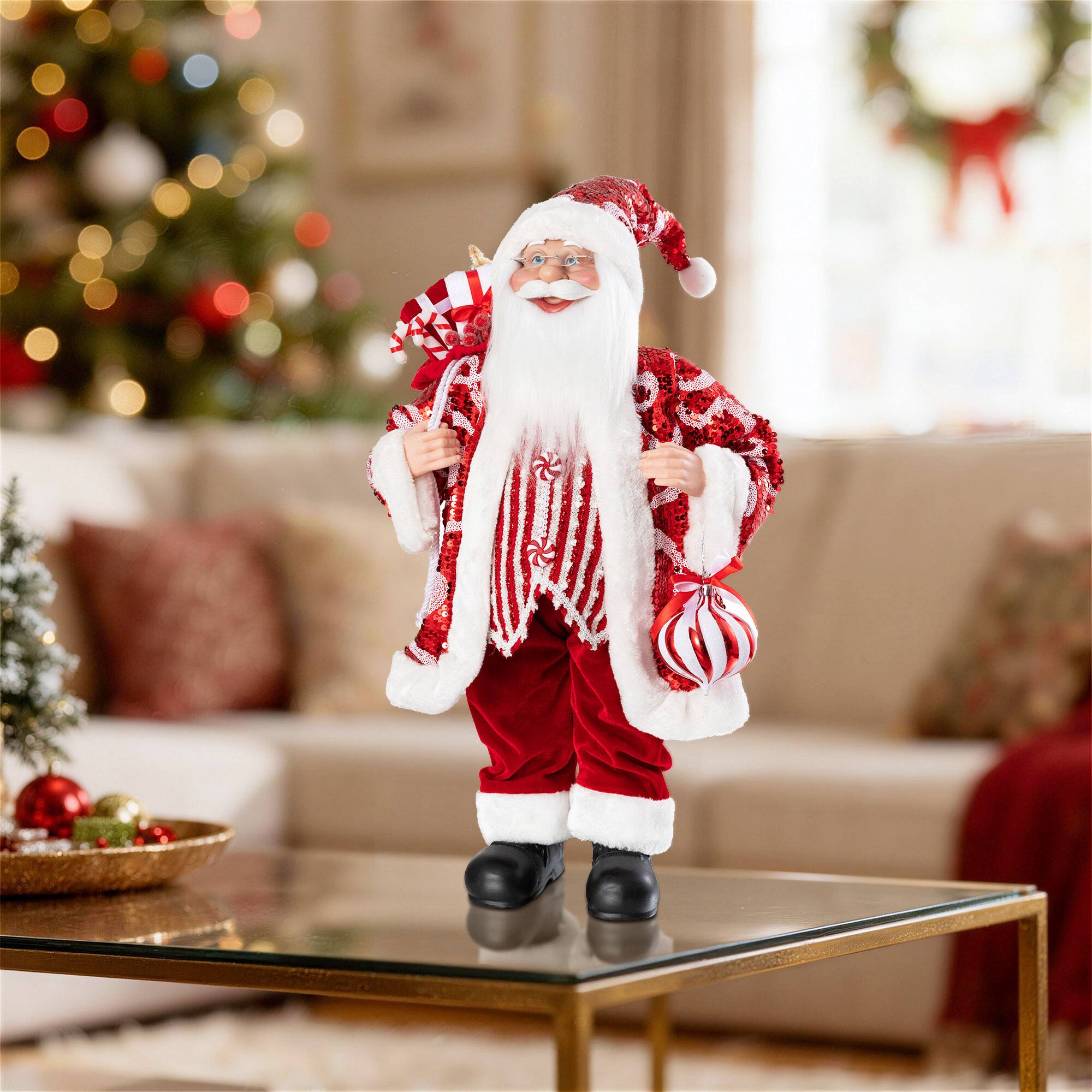 Glitzhome® 24" Faux Fur Peppermint Christmas Santa Figurine