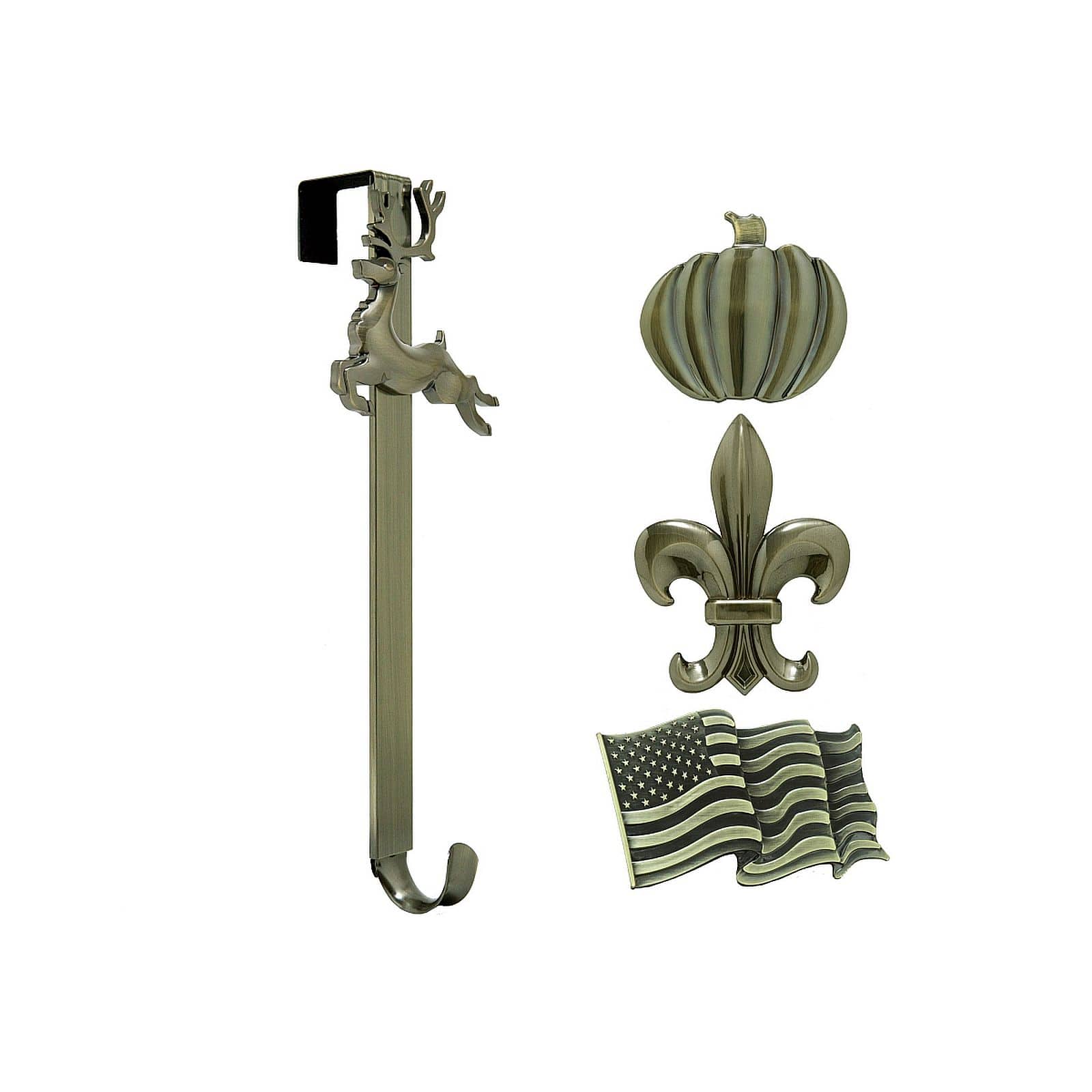 Haute Decor Antique Brass Adjustable Wreath Hanger with Removable Icons