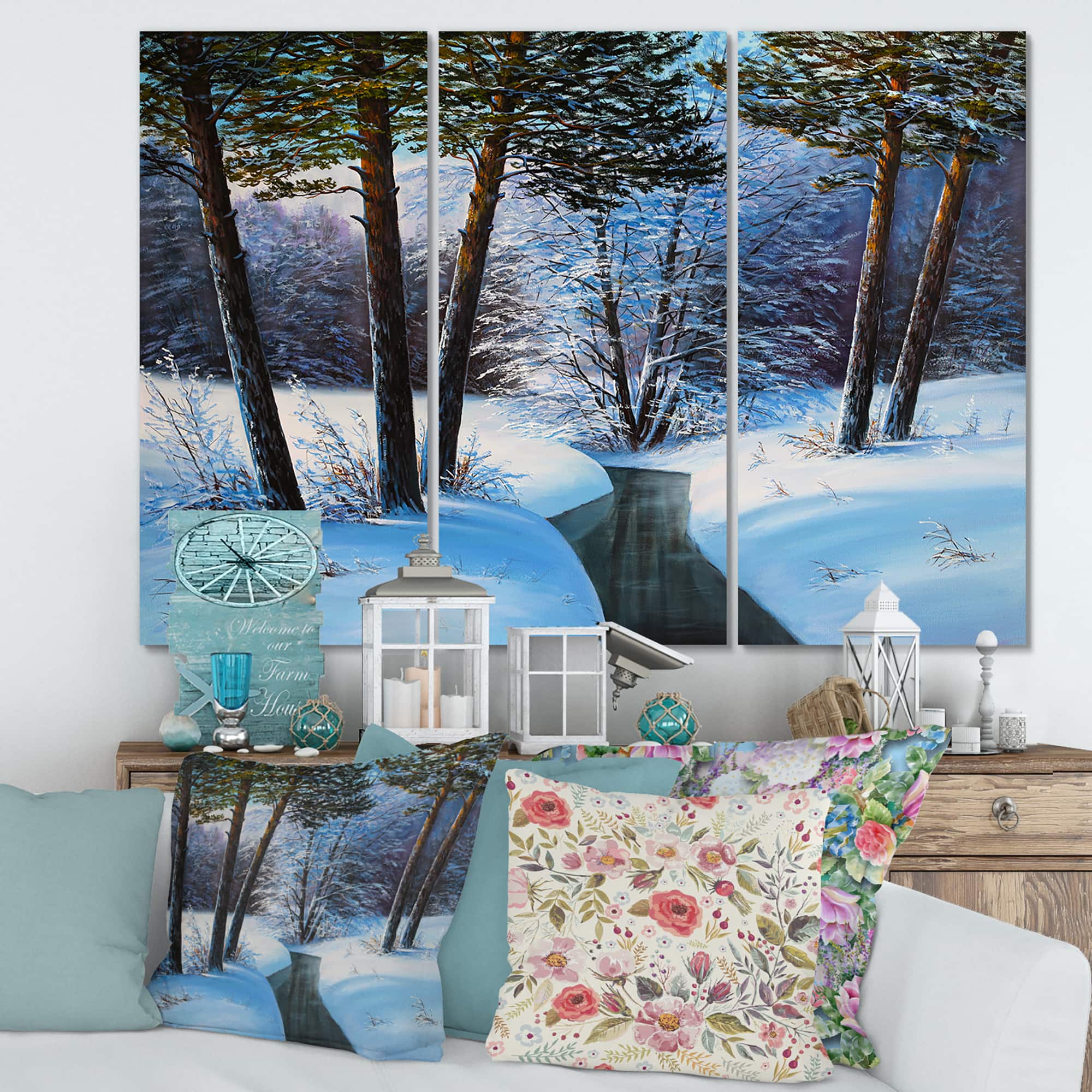 Designart - Christmas Forest With River and Trees III - Traditional Canvas Wall Art Print