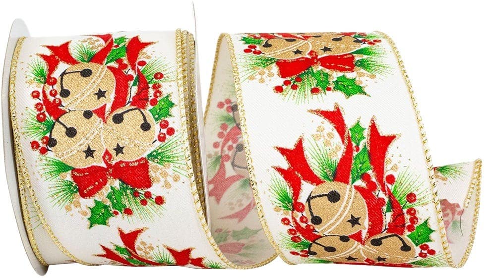 JAM Paper 2.5" x 10yd. Ivory & Gold Christmas Bells & Holly Glitter Wired Edge Ribbon