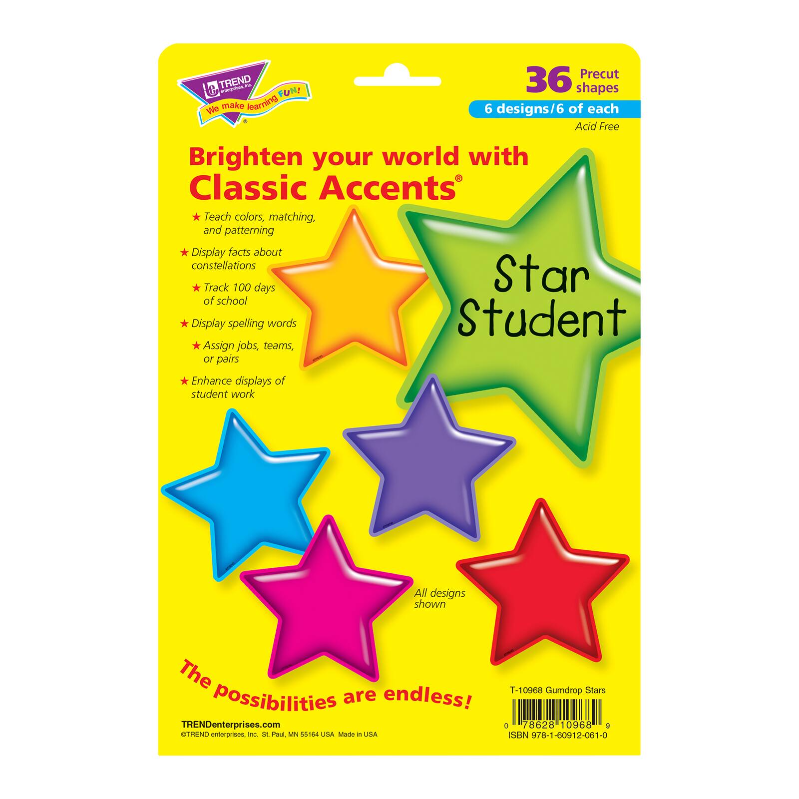 TREND Enterprises® Gumdrop Stars Classic Accents® Variety Pack, 3 Packs of 36
