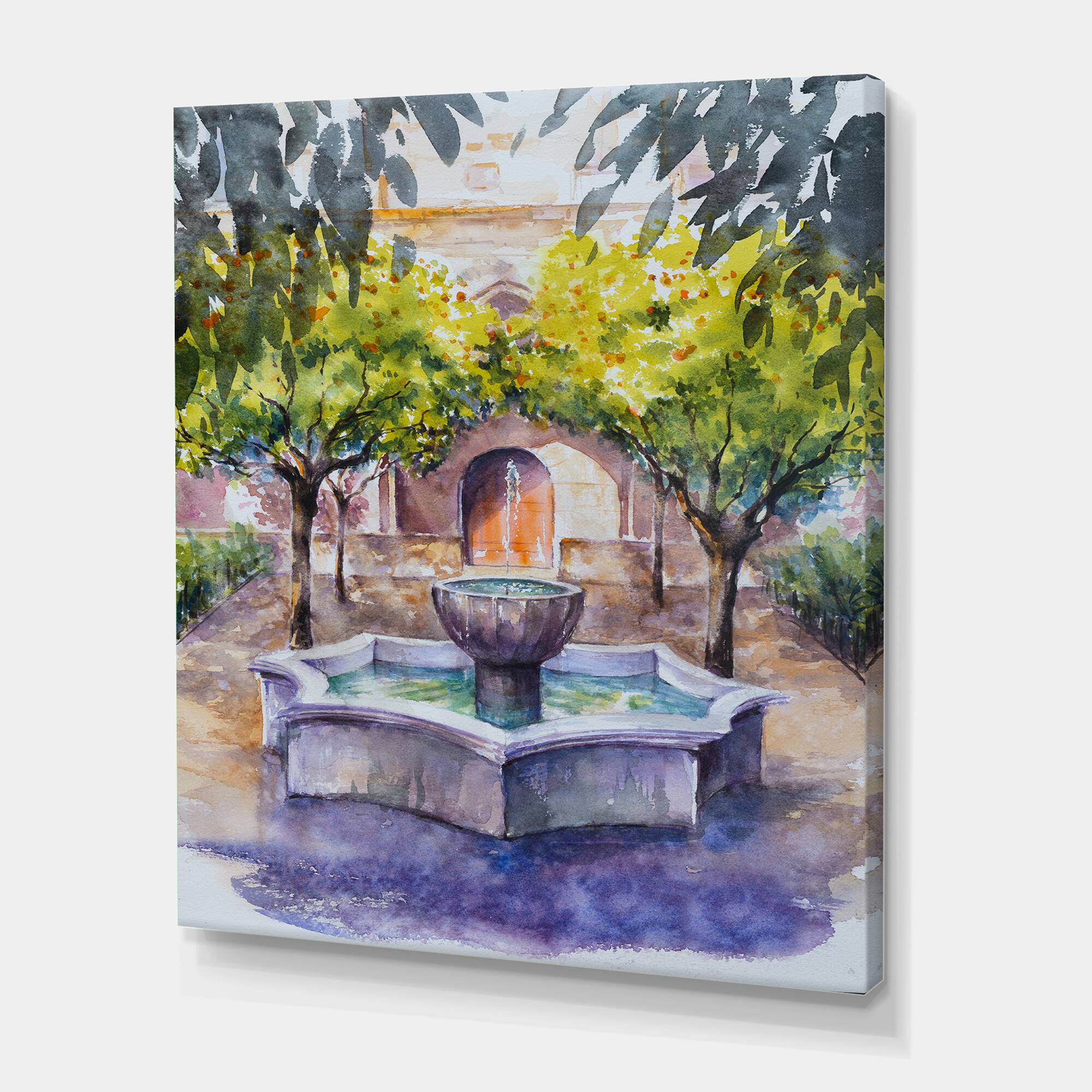 Designart - Small Fountain Picture With Trees In The Village - Country Canvas Wall Art Print
