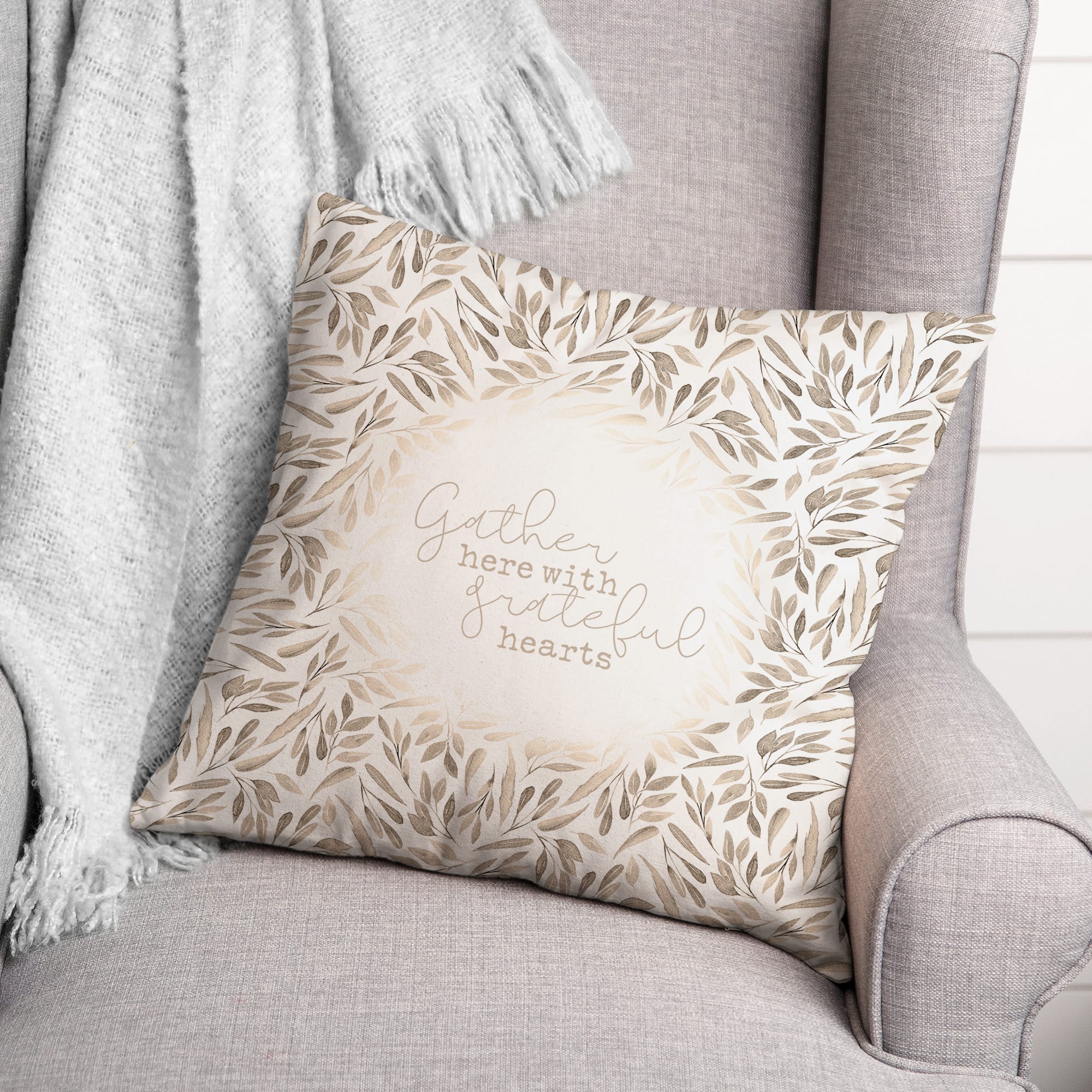 Greige Fall Leaves Gather Throw Pillow