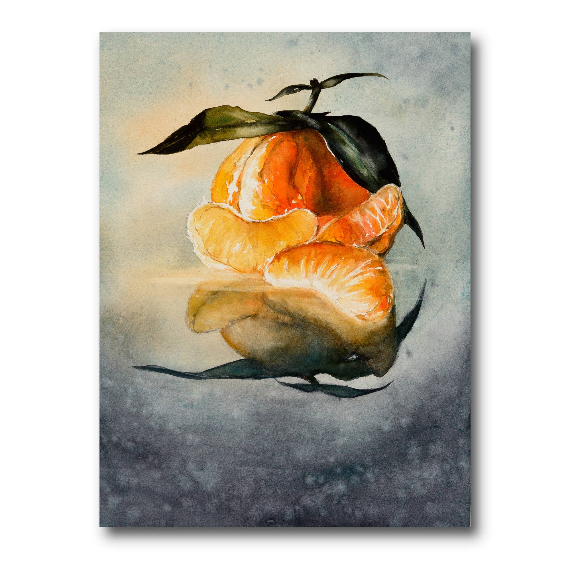 Designart - One Peeled Fresh Orange Mandarin With Green Leaves
