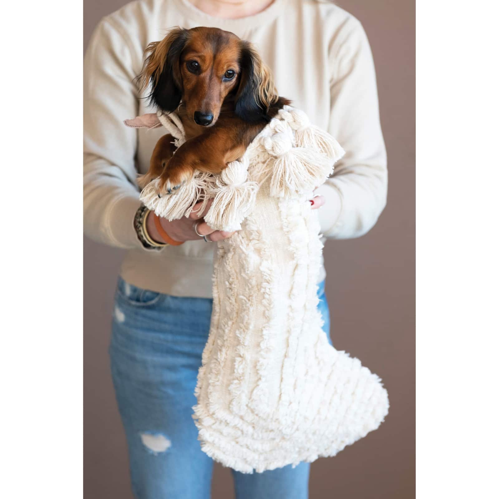 Hello Honey® 20" Cream Cotton Slub Stocking Set with Tufting