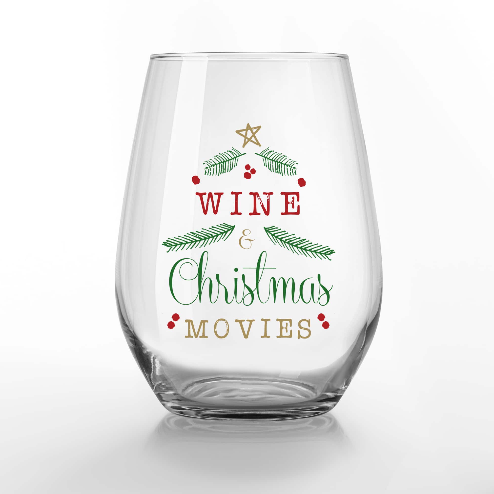 15oz. Wine & Christmas Movies Printed Stemless Wine Glass