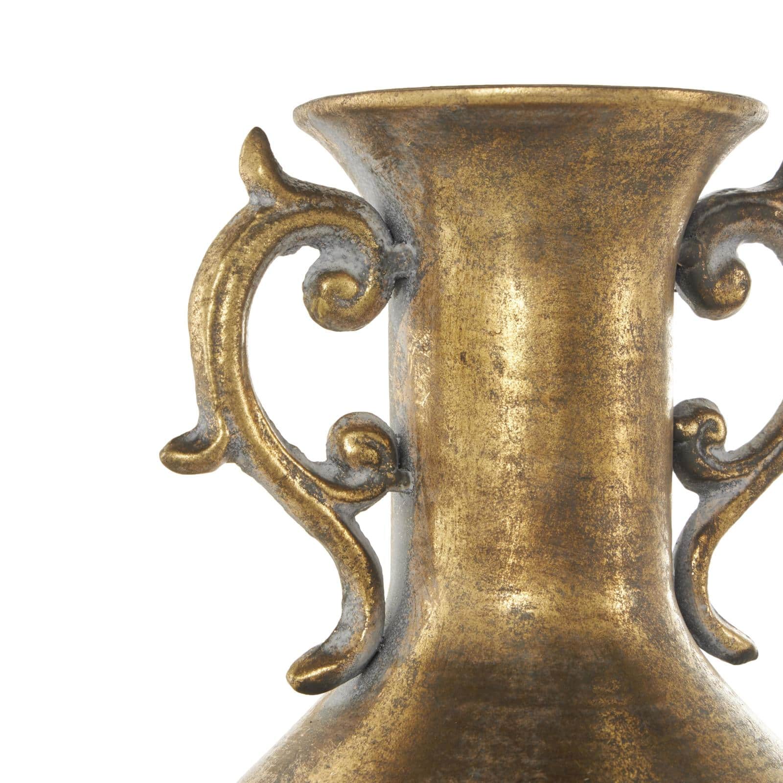 Gold Metal Weathered Vintage Amphora Decorative Vase with Scroll Handles
