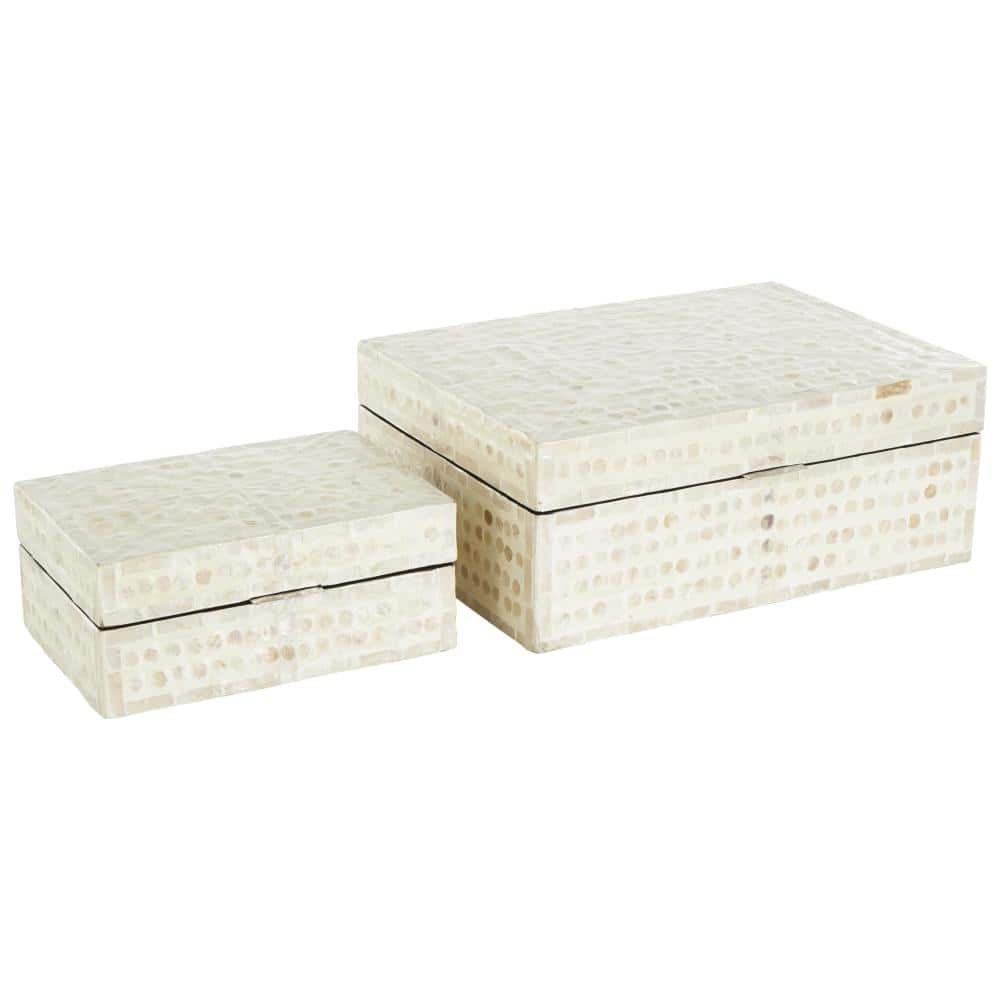 Cream Mother of Pearl Shell Geometric Handmade Mosaic Dot with Brown Accents Storage Box Set