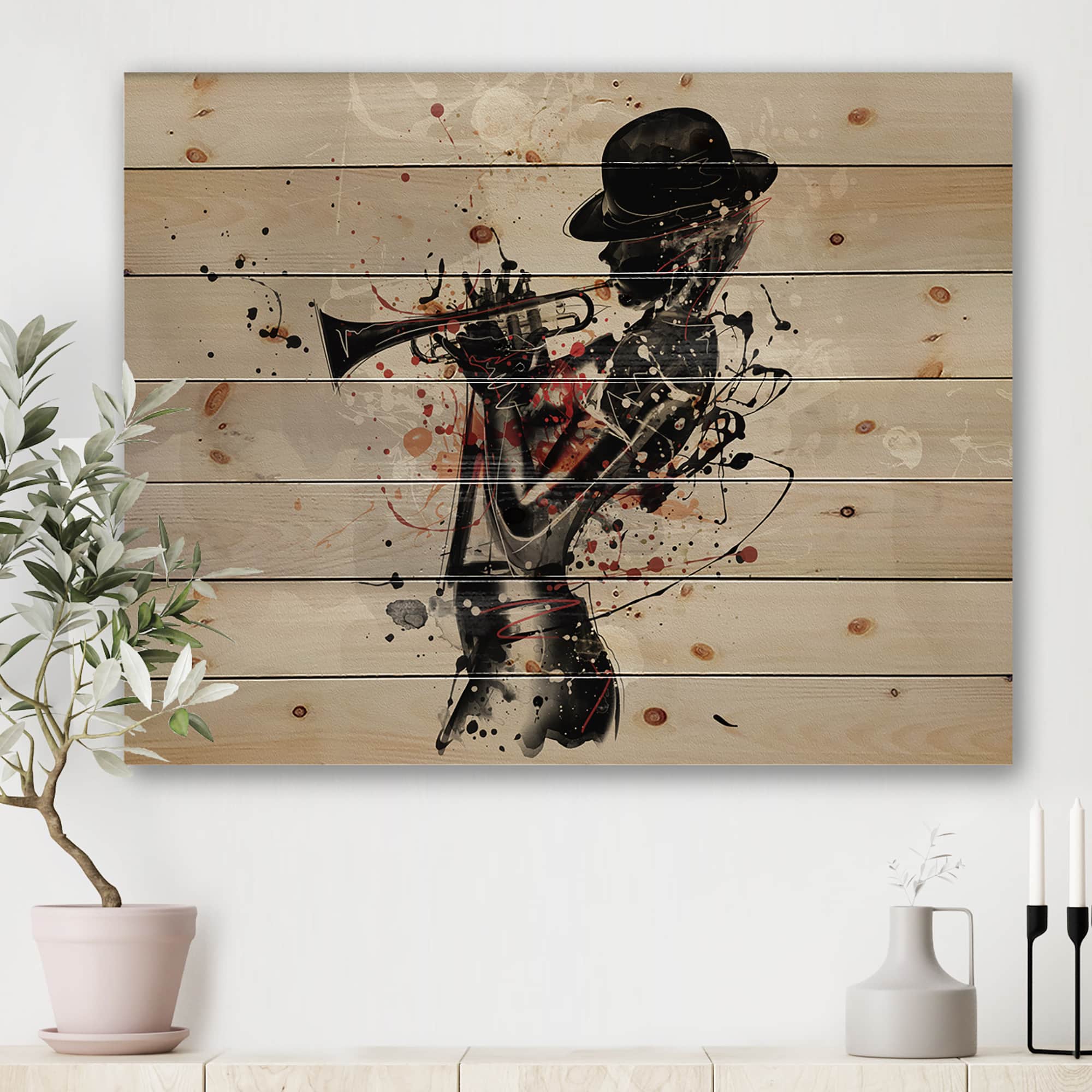 Designart - Woman Playing Jazz Trumpet - Modern Print on Natural Pine Wood