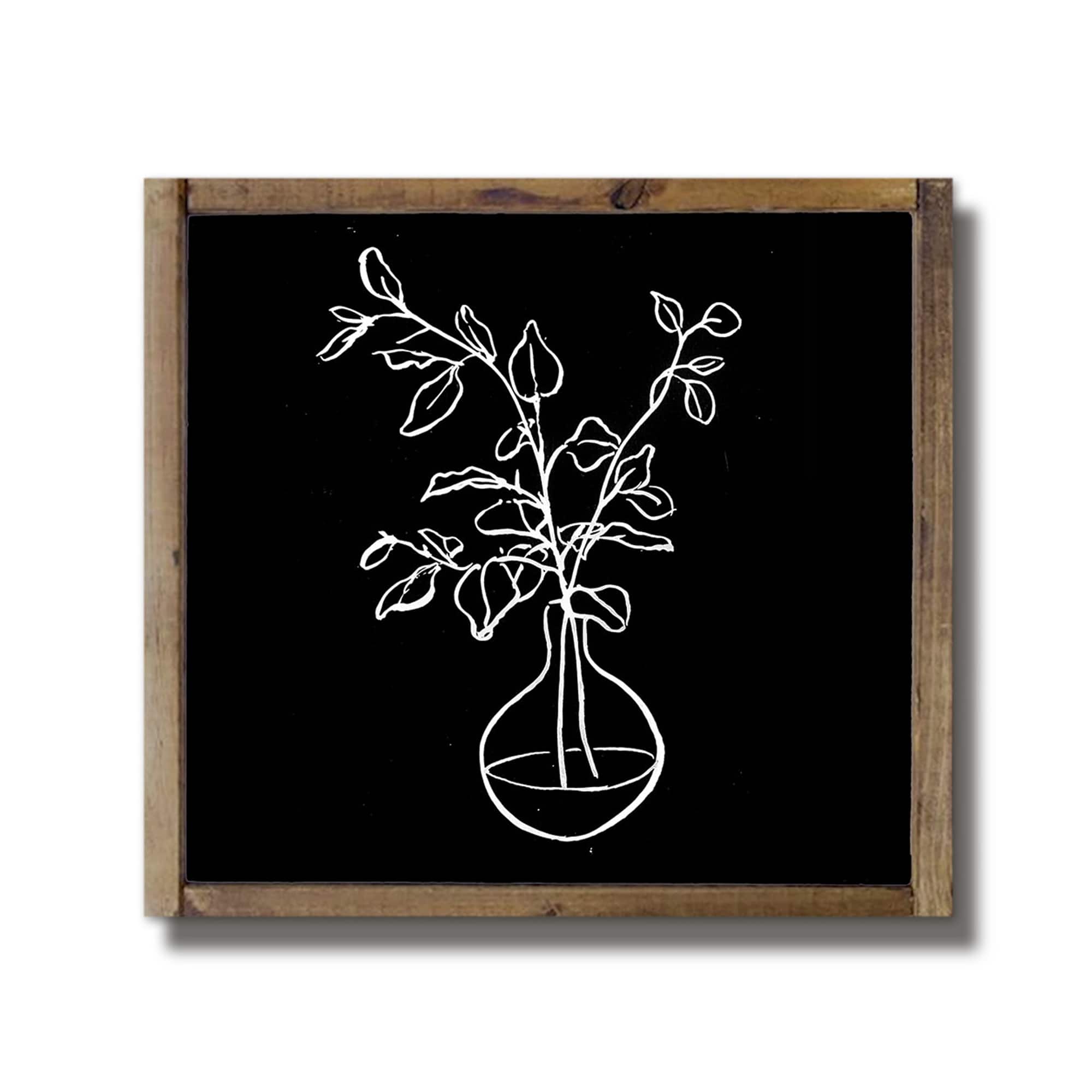Black & White Line Floral Framed Wood Plaque