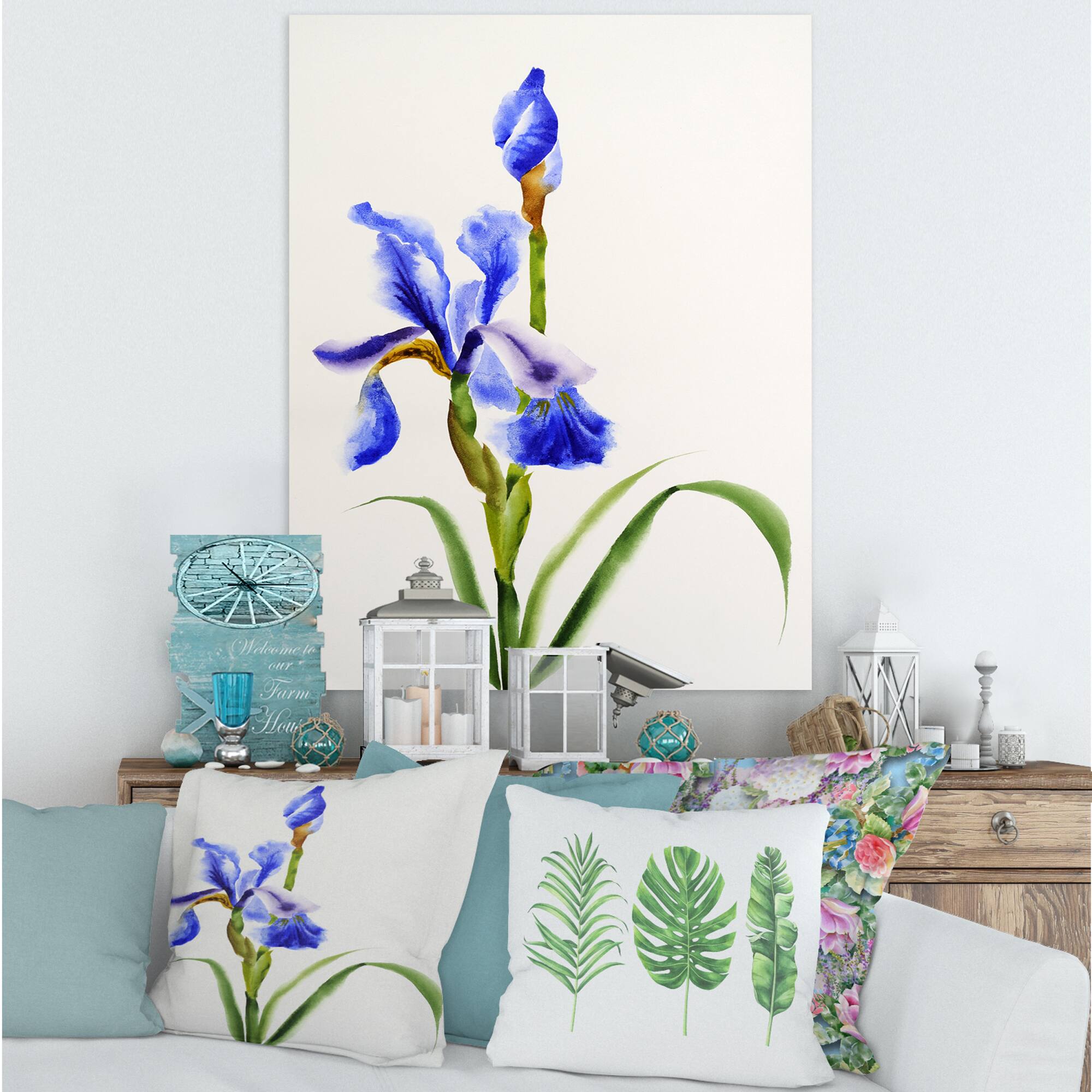 Designart - Retro Blue Iris Flower - Traditional Canvas Wall Art Print