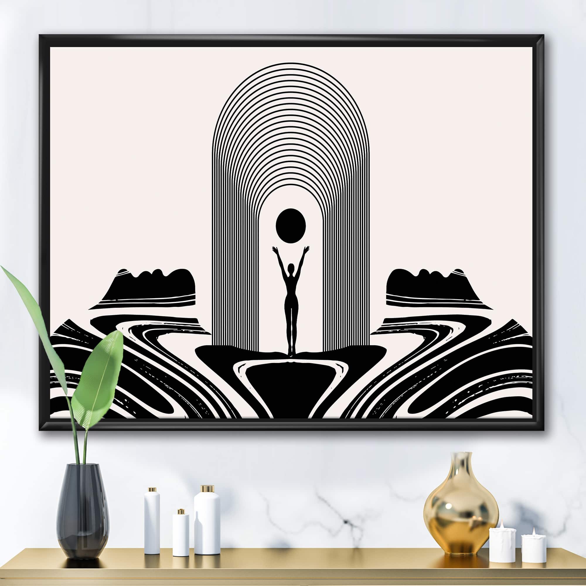 Designart - Empowered Cosmic Women Geometric Goddess Series Black And White III - Modern Canvas Wall Art Print in Black Frame