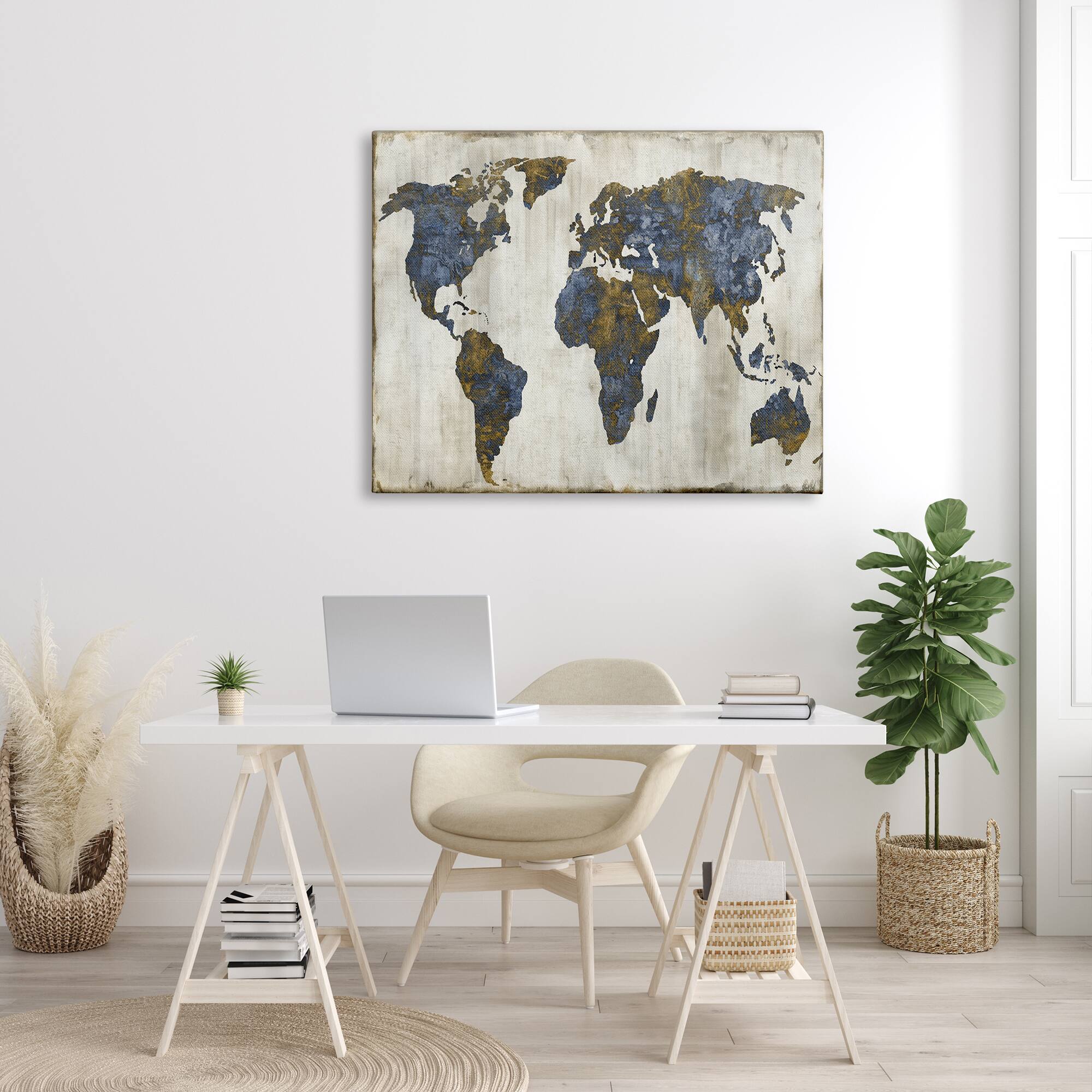 Stupell Industries Gold Blue World Map Design Canvas Wall Art