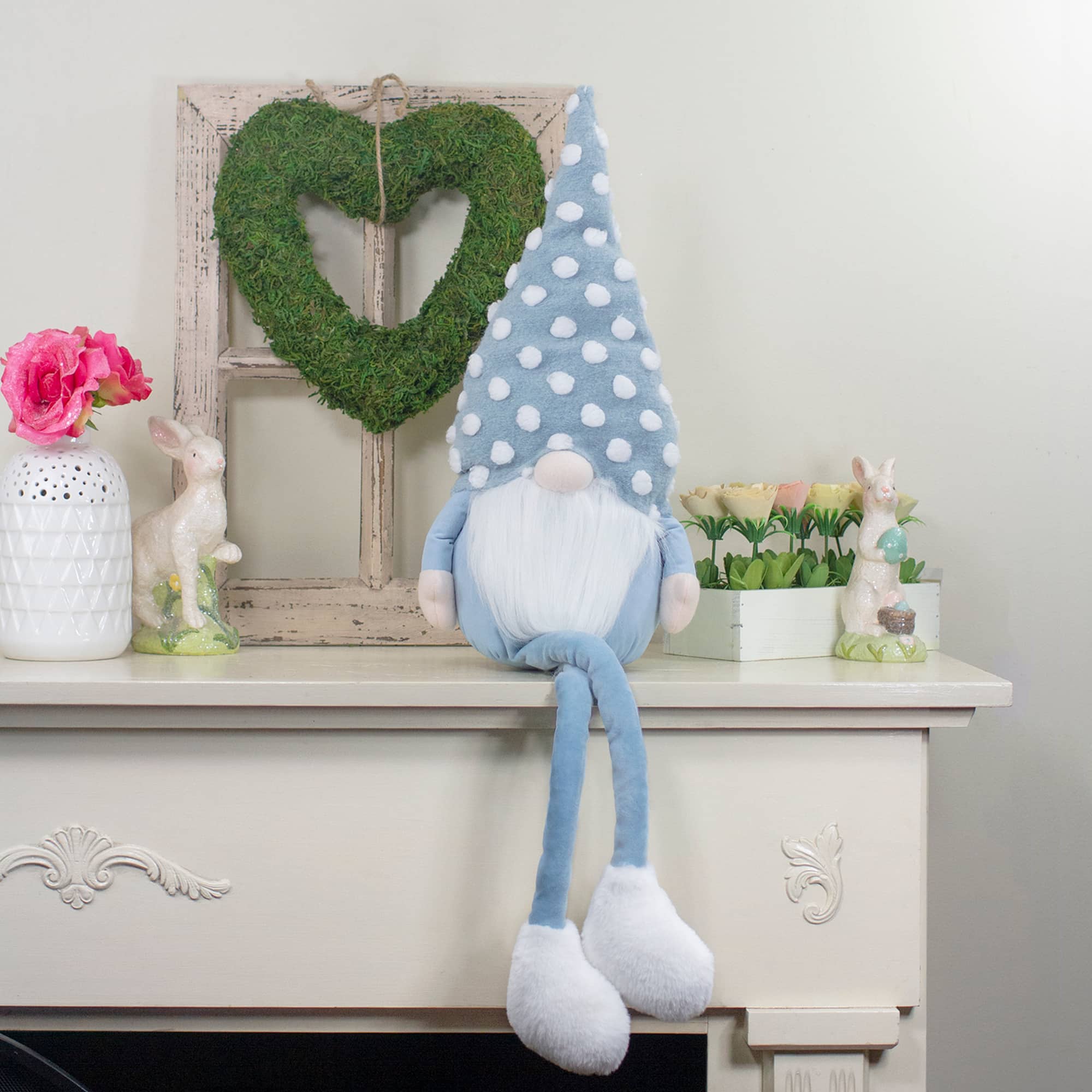 34" Blue & White Sitting Spring Gnome with Polka Dot Hat Figure