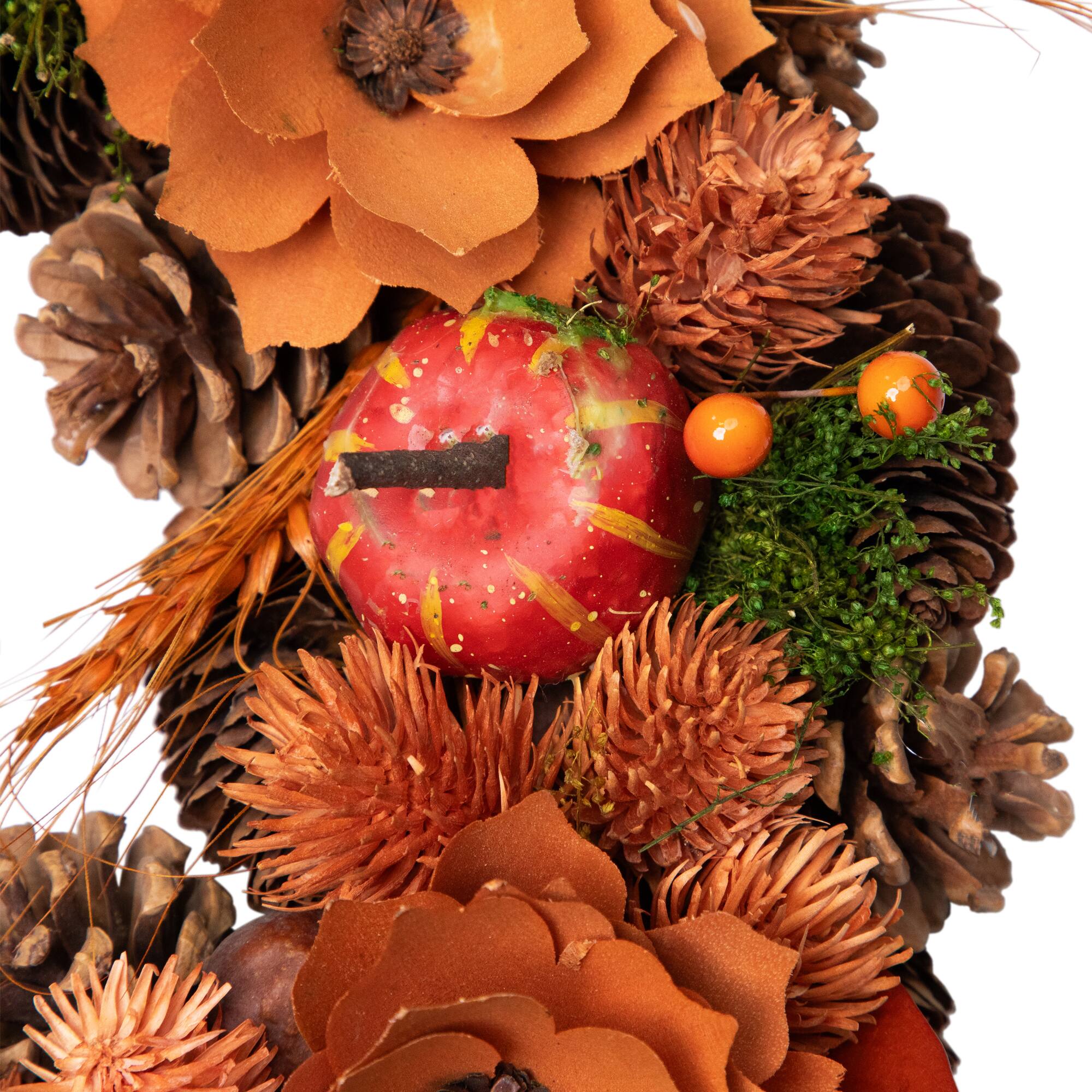 13.25'' Unlit Autumn Harvest Orange Flowers and Gourds Pine Cone Wreath