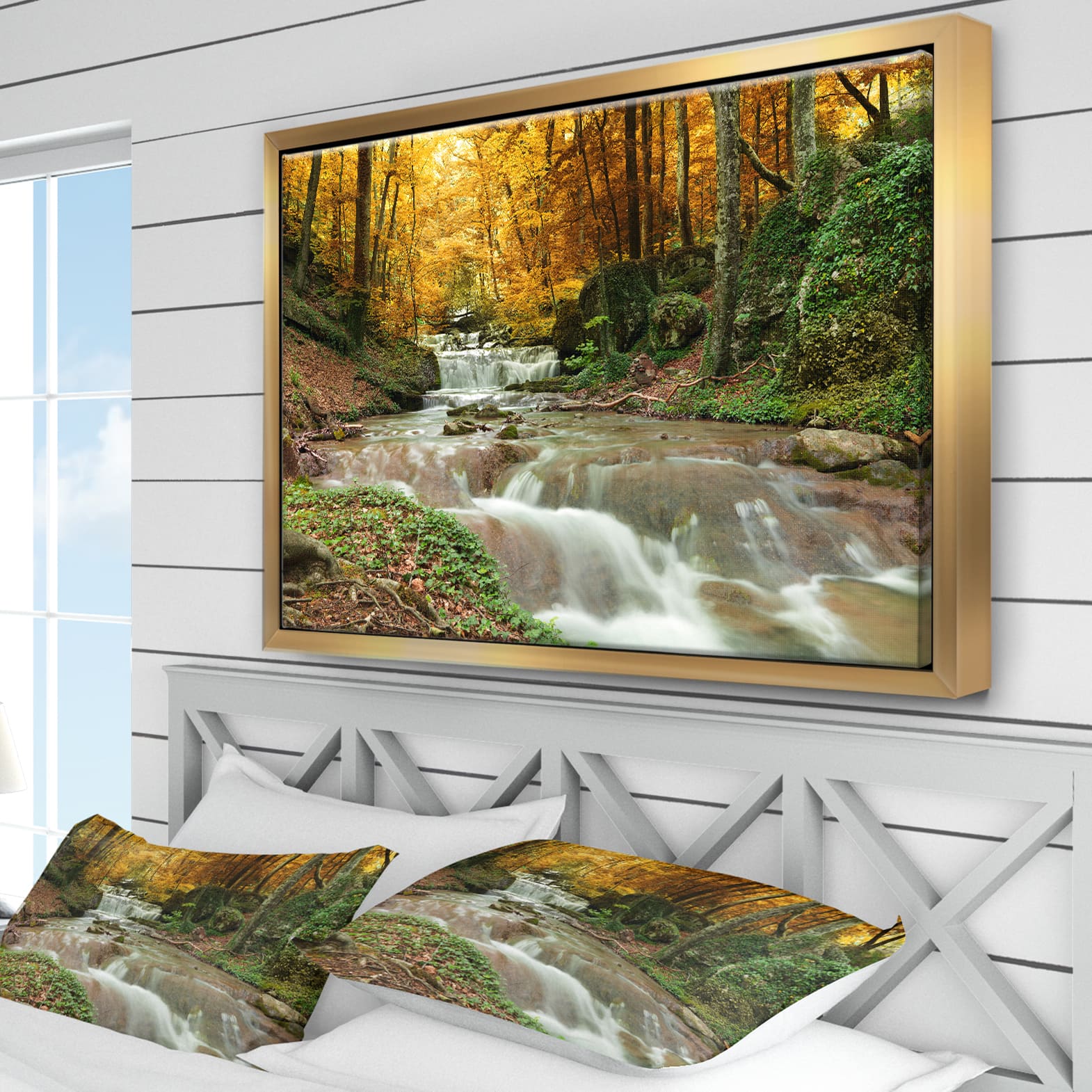 Designart - Forest Waterfall with Yellow Trees - Large Landscape Framed Canvas Art Print