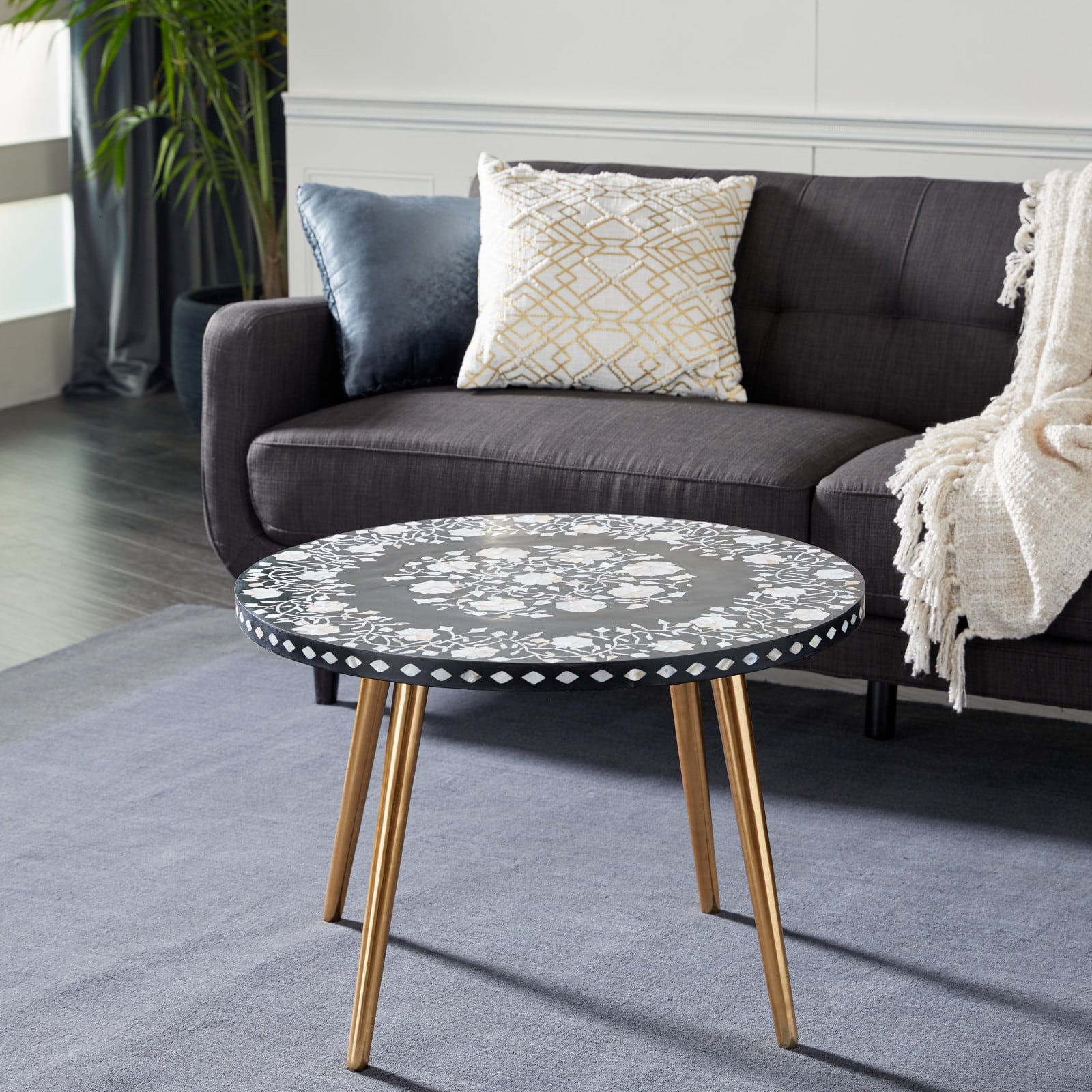 30" Gold Aluminum & Wood Eclectic Coffee Table