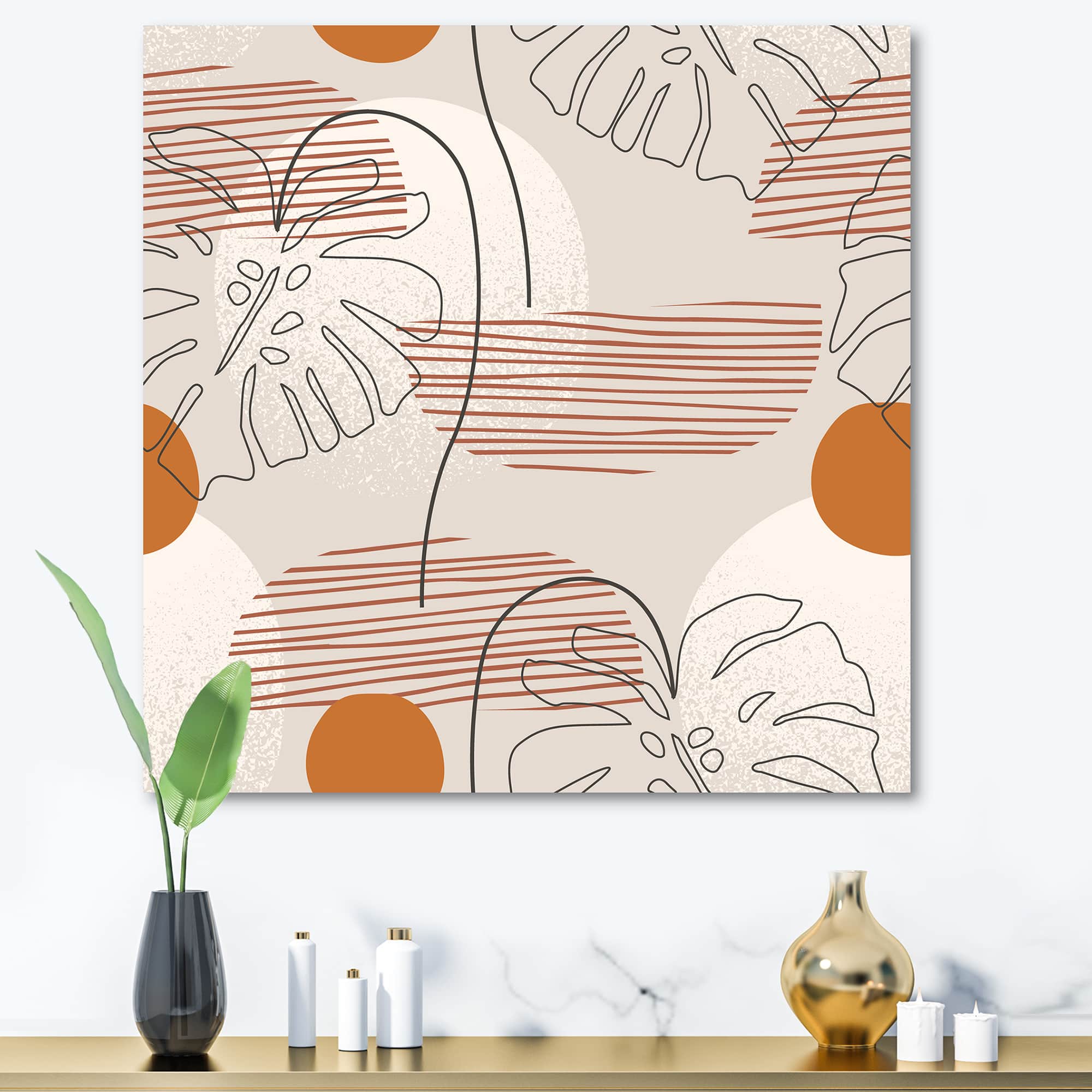 Designart - One Line Art Shapes & Abstract Monstera Leaf - Modern Canvas Wall Art Print