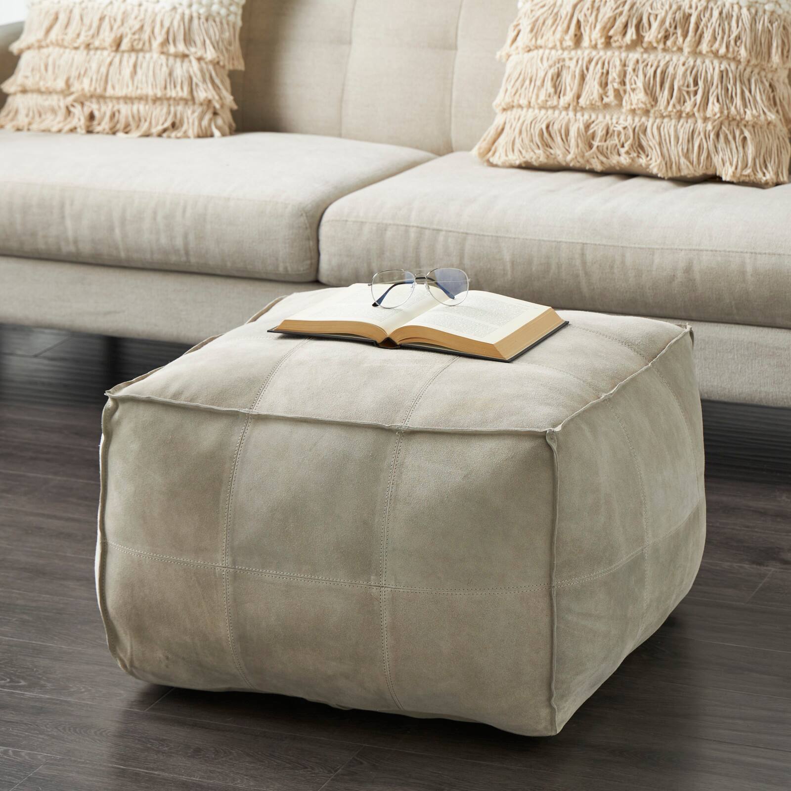 28" Leather Low Profile Square Pouf with Patchwork Design