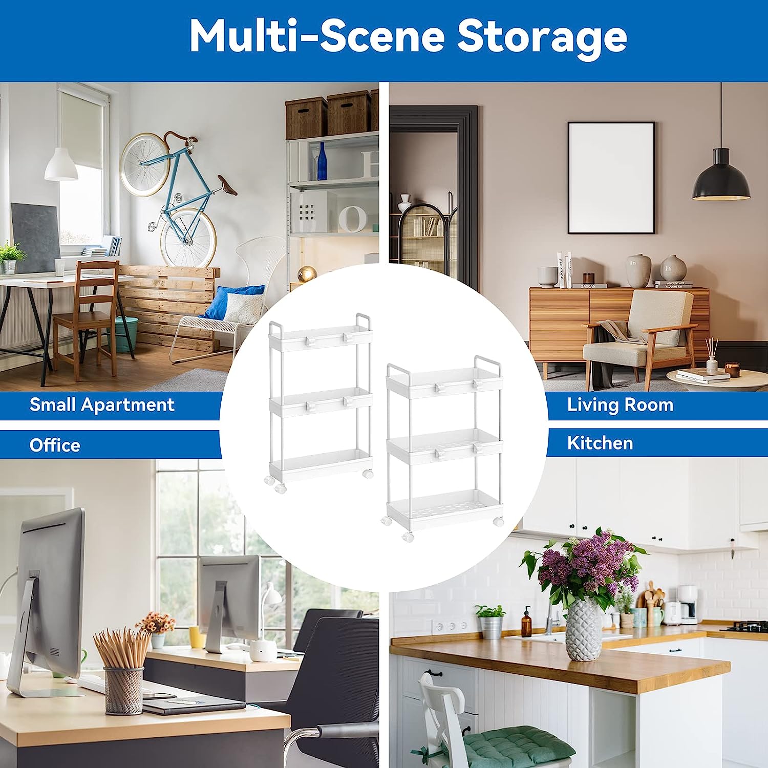 White 3-Tier Storage Kitchen Shelving Unit Rolling Rack Cart