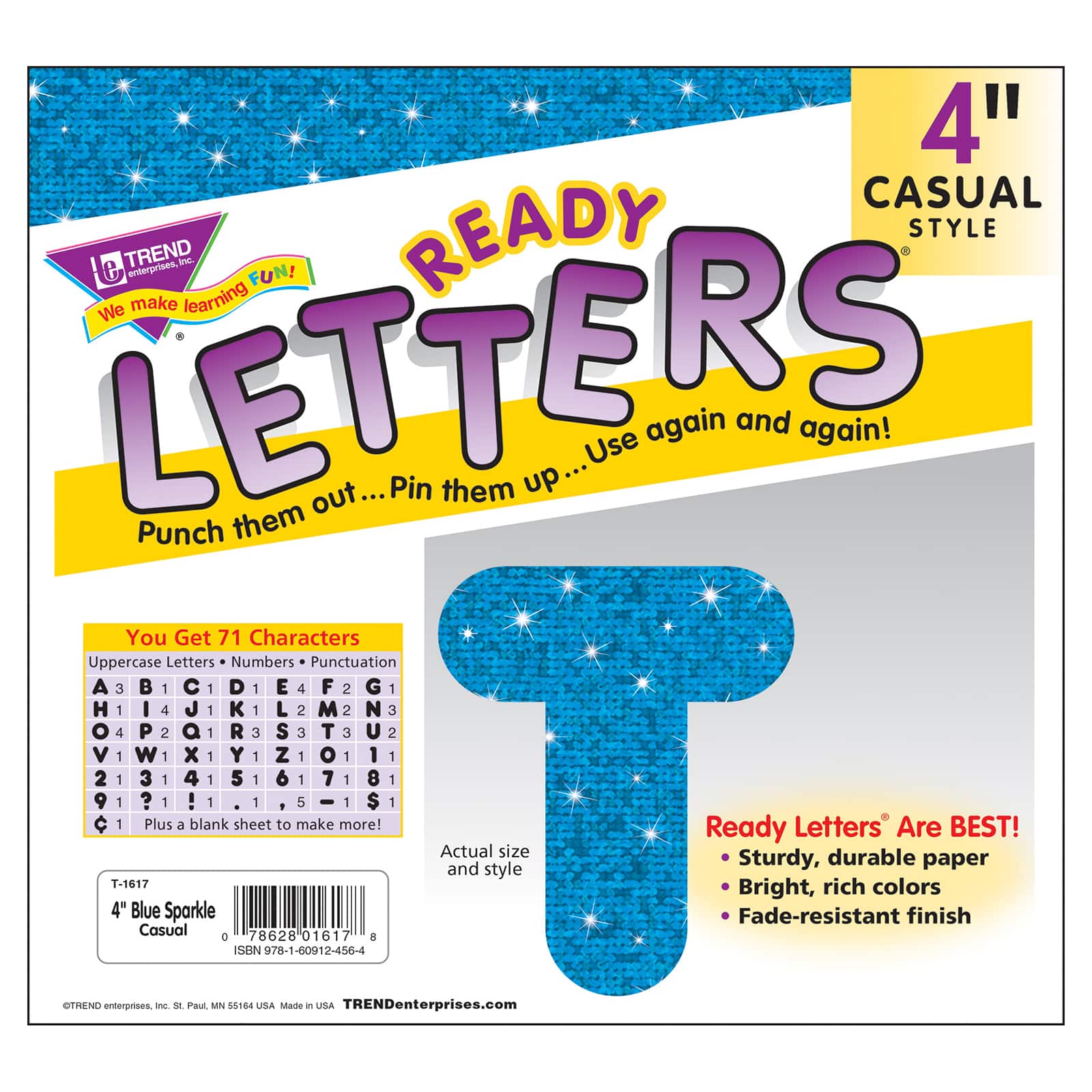TREND Enterprises® Blue Sparkle 4" Casual Uppercase Ready Letters®, 71 Per Pack, 3 Packs