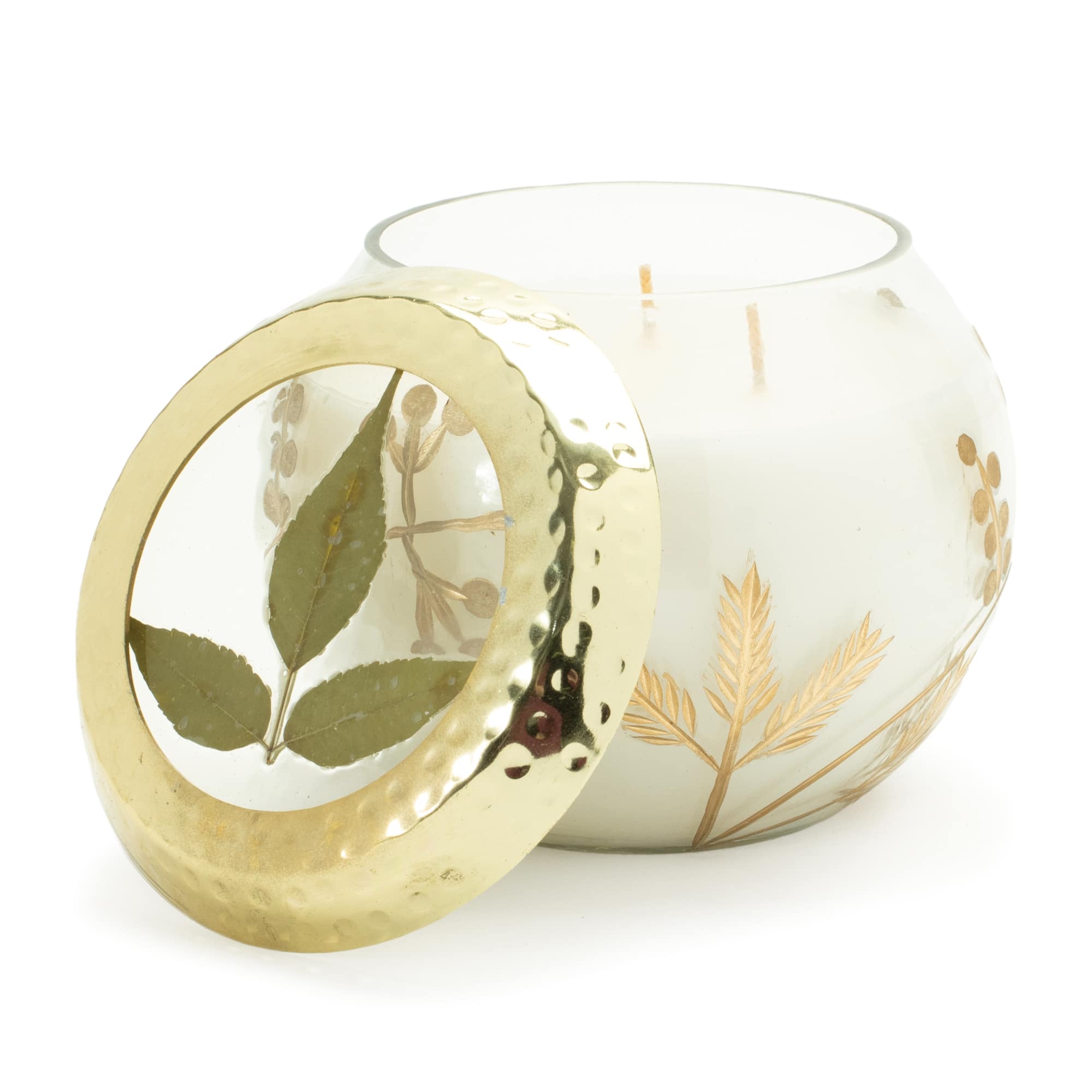 5" Gold & White Frosted Juniper Scented 3 Wick Soy Candle with Pressed Leaf Lid By Melrose | 5" x 4.5" | Michaels®