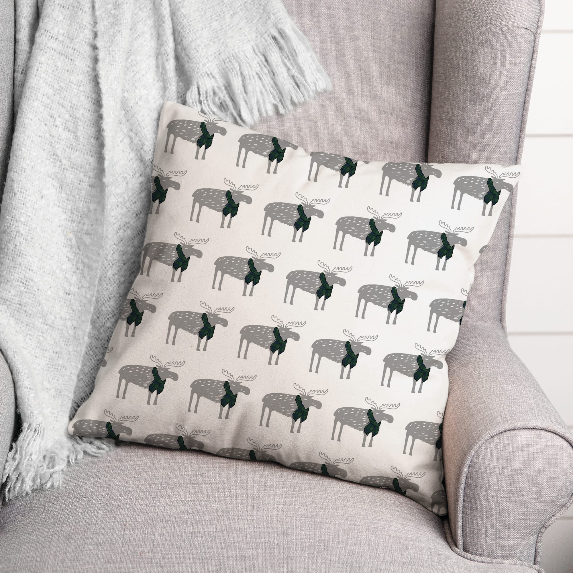 Plaid Scarf Moose Pattern 18x18 Throw Pillow