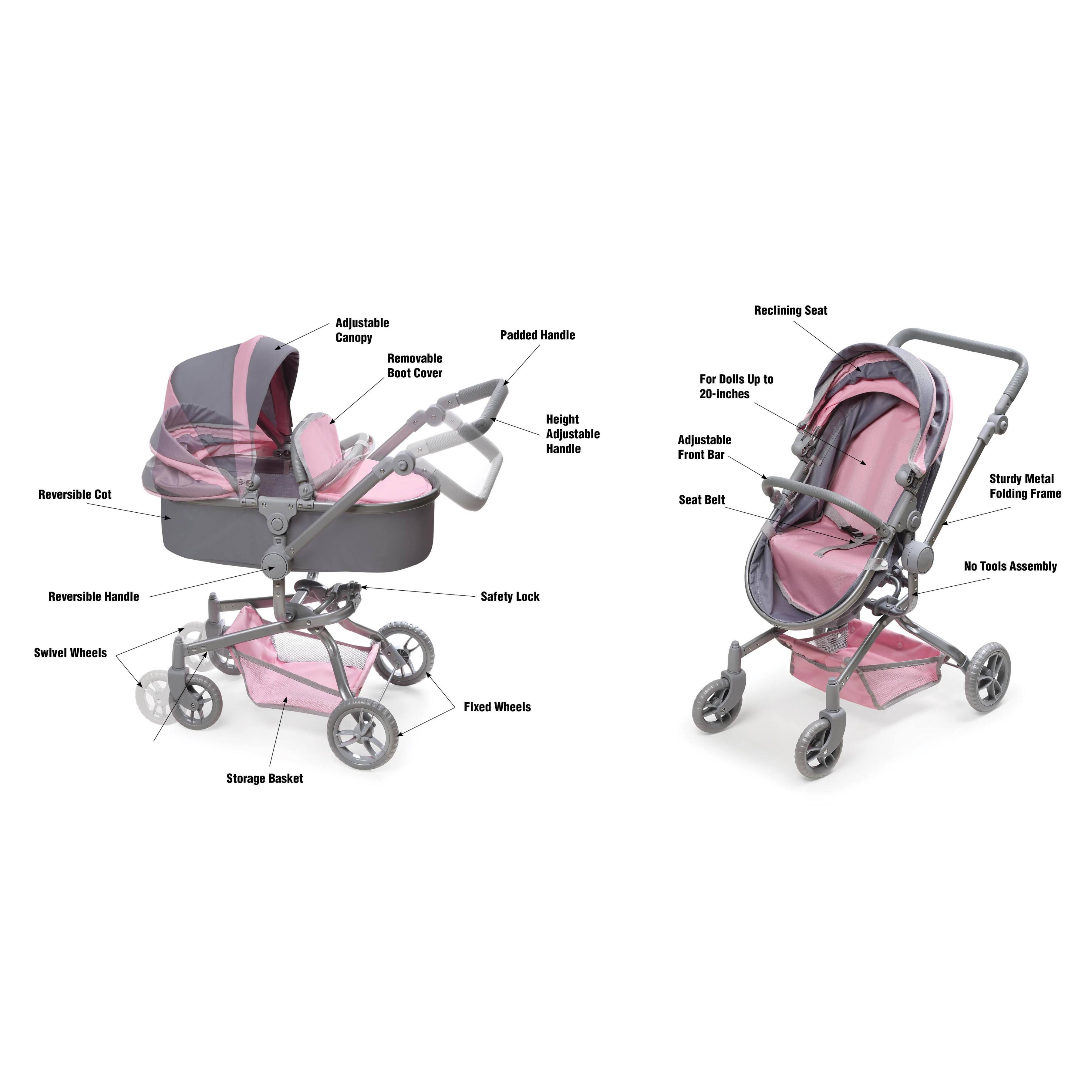 Badger Basket Gray & Pink Daydream Multi-Function Single Doll Pram & Stroller