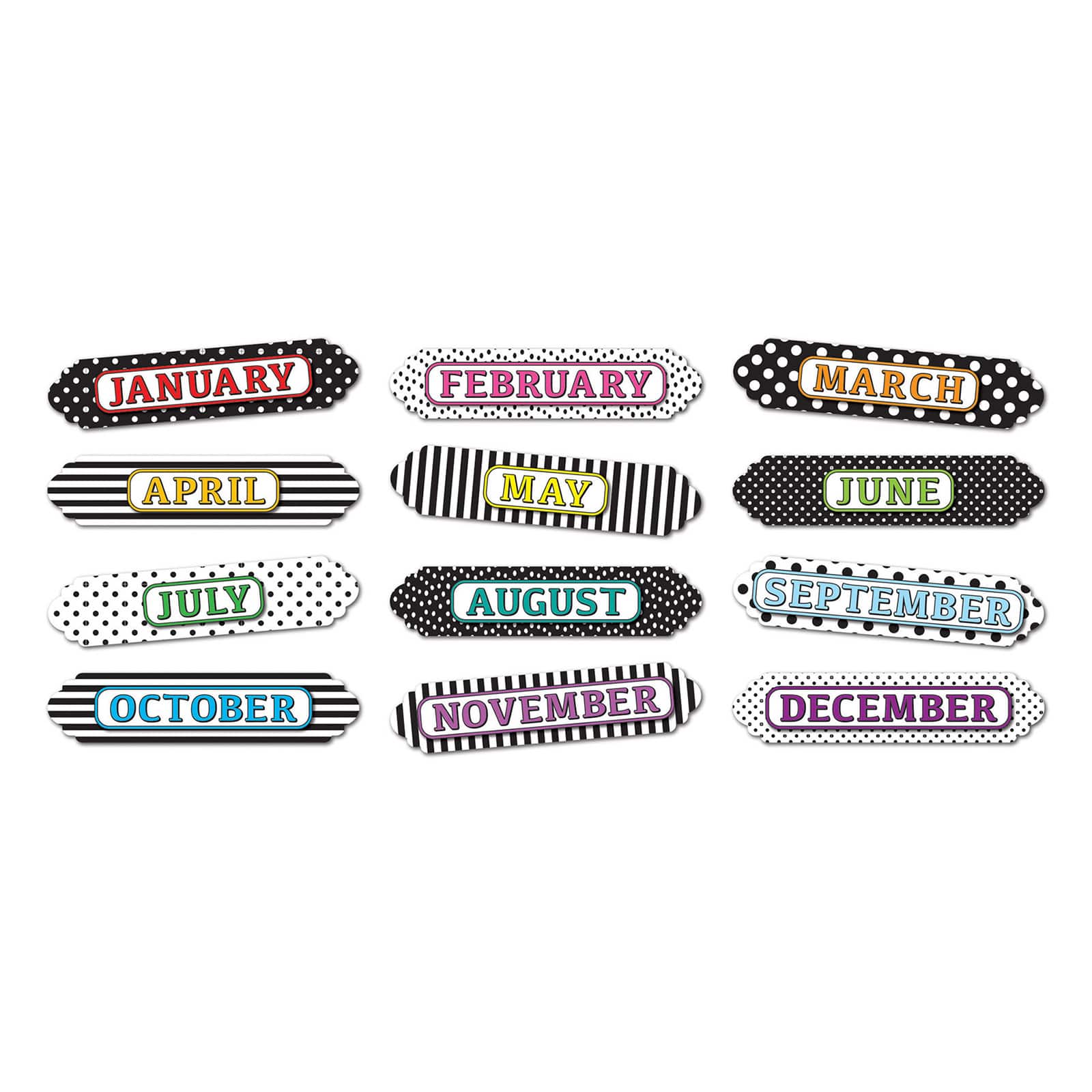 Ashley Productions Months of the Year Black & White Assorted Patterns Magnetic Die-Cut Timesavers & Labels, 3 Packs of 12