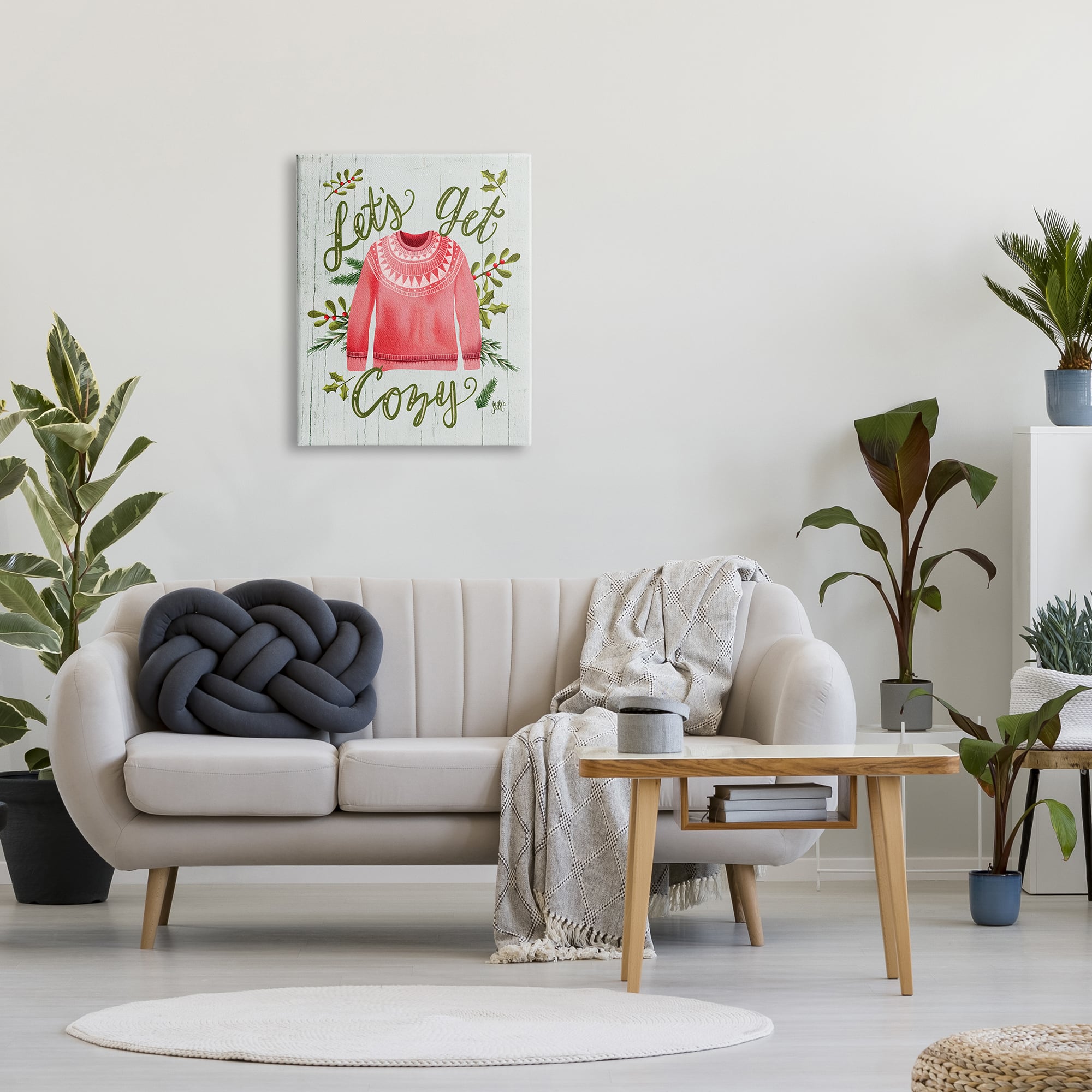 Stupell Industries Let's Get Cozy Holly Plants Pink Winter Sweater Canvas Wall Art