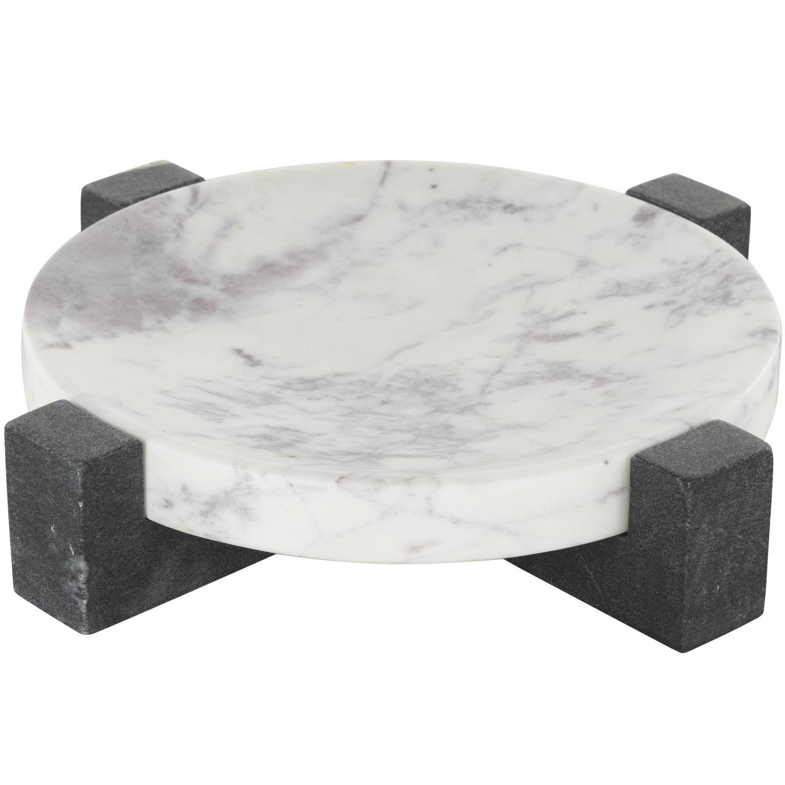 10" x 10" White with Black X-Shaped Base Marble Geometric Round Tray