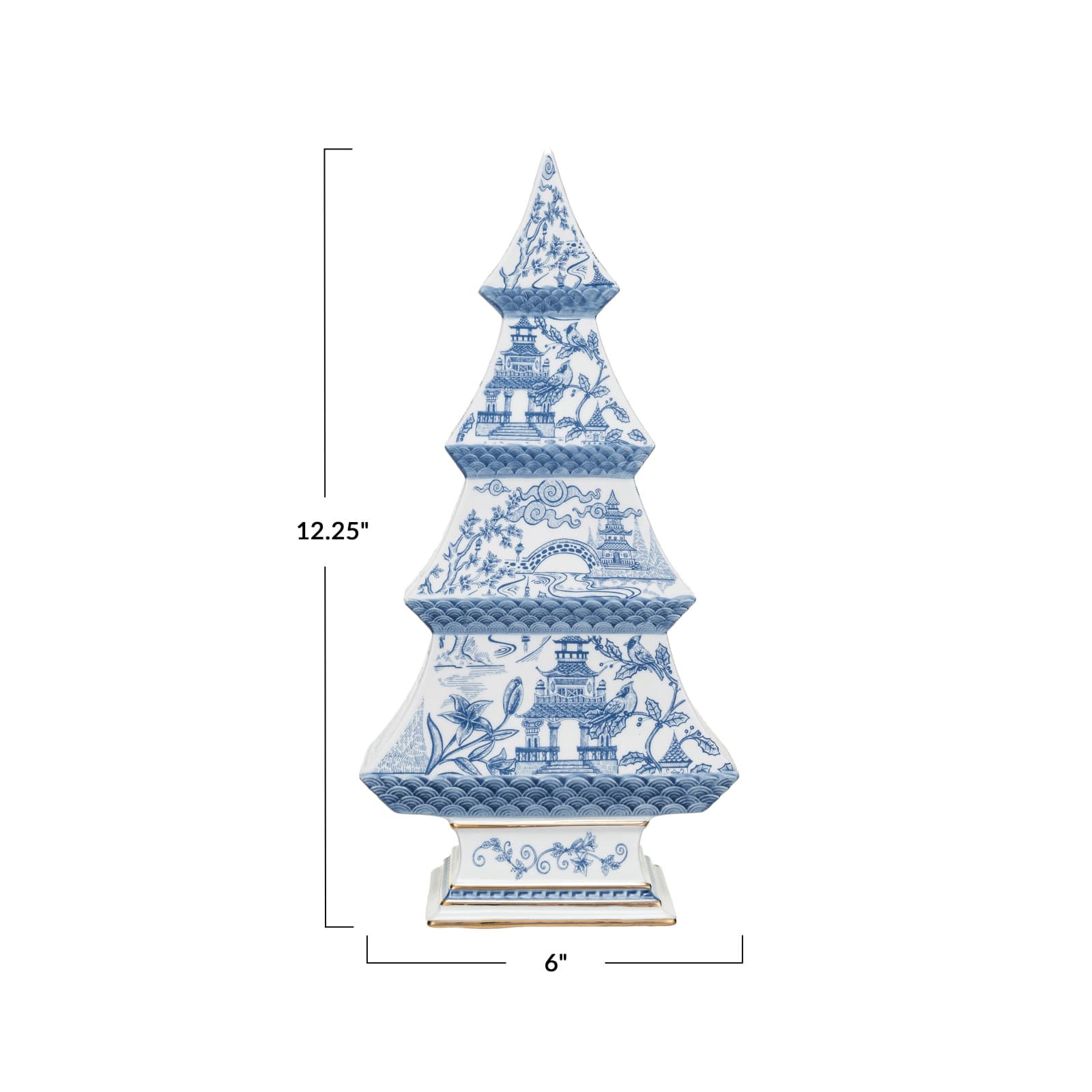Hello Honey® 12.25" Blue & White Pagoda Pattern Ceramic Tree with Gold Electroplating