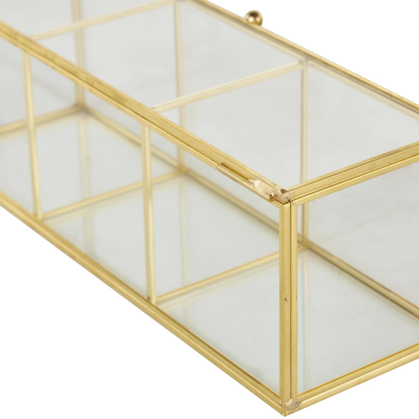 10" x 4" x 4" Clear & Gold 3-Slot Glass & Metal Slim Rectangular Jewelry Box with Chain Accent