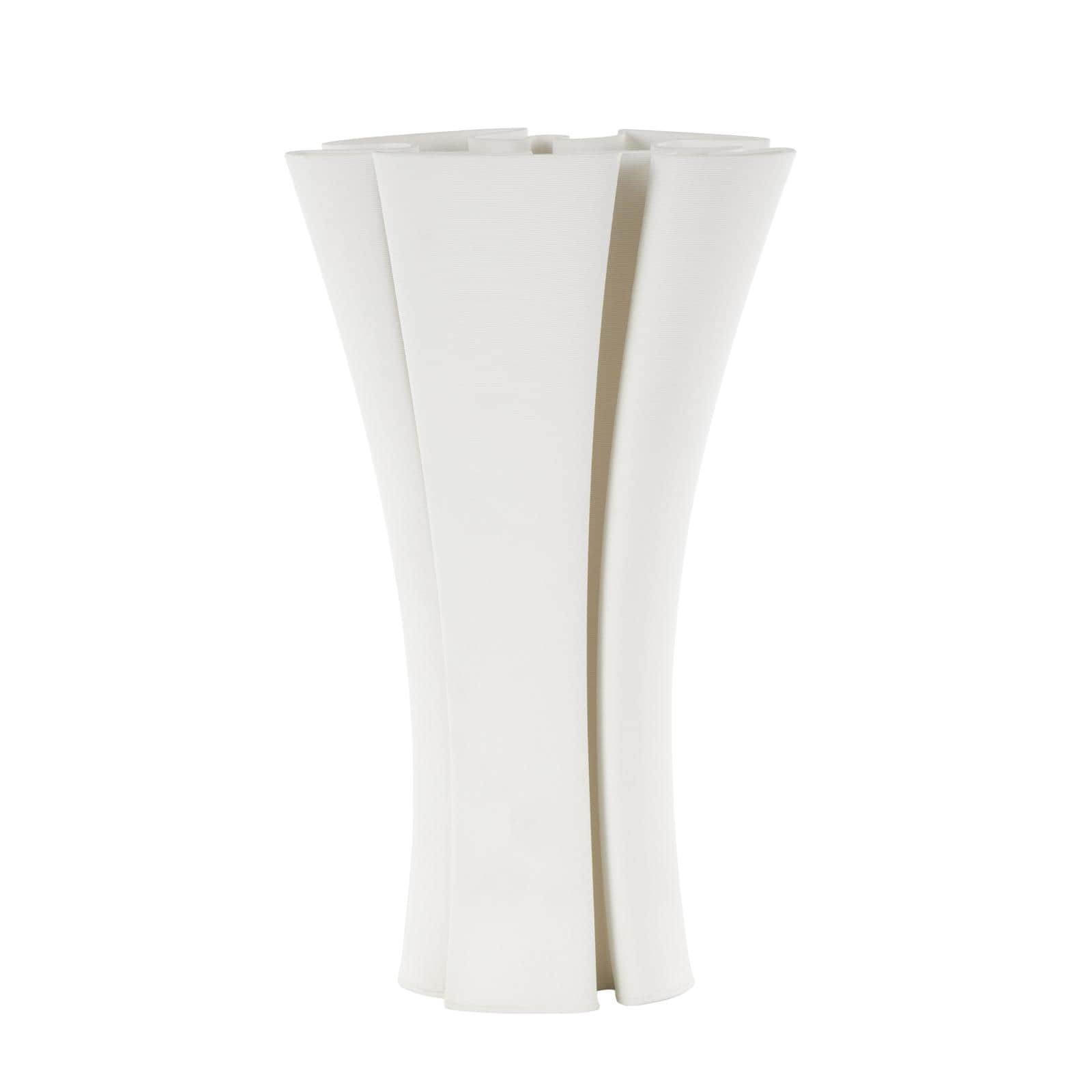 White Ceramic Abstract Ribbed Dimensional Folded Vase with Curvy Rim
