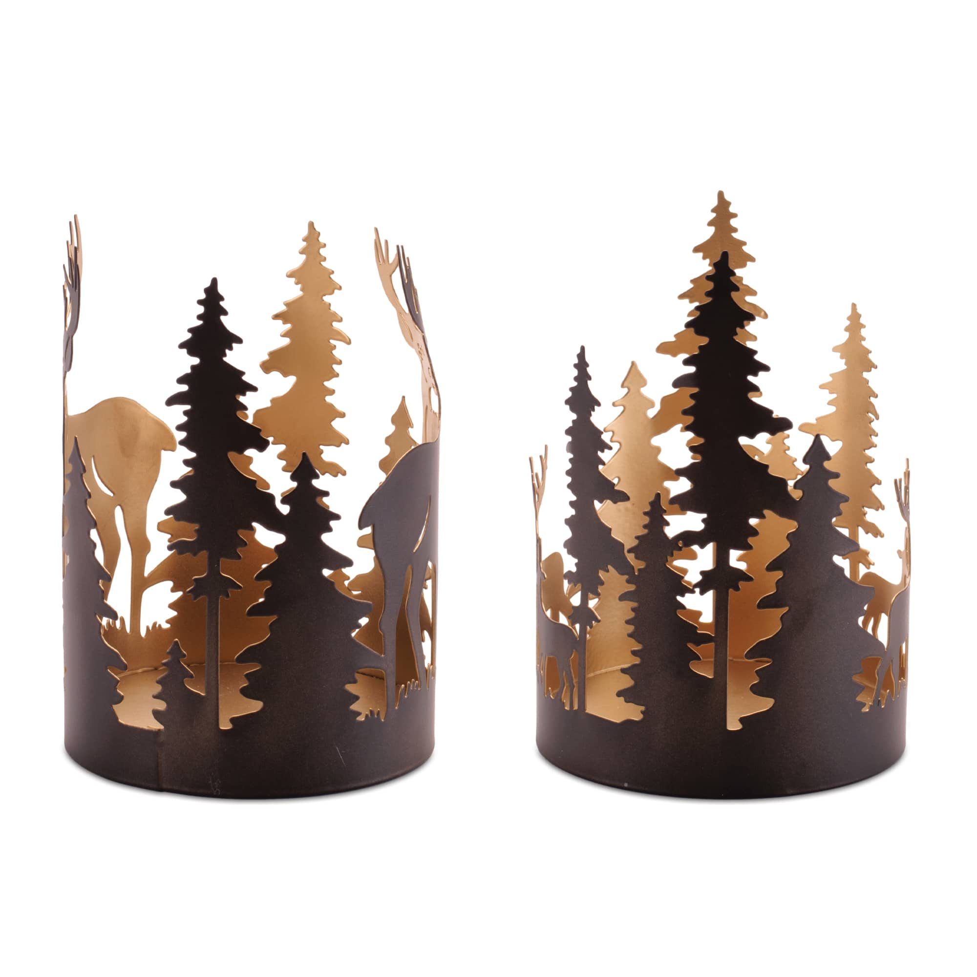 Melrose Deer & Forest Cut Metal Pillar Candle Holders Set