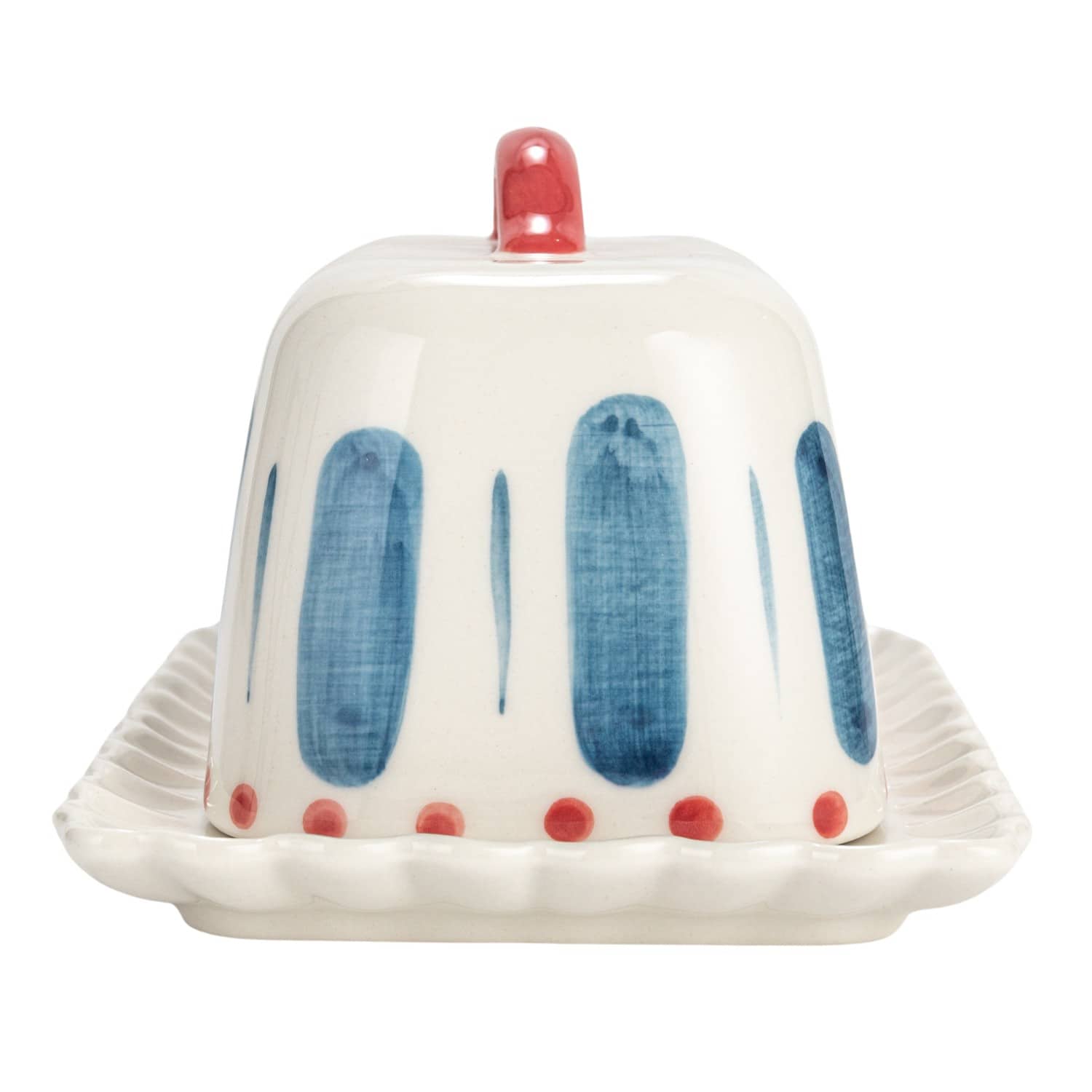 Hello Honey® 6.75" White, Red & Blue Hand-Painted Stoneware Butter Dish