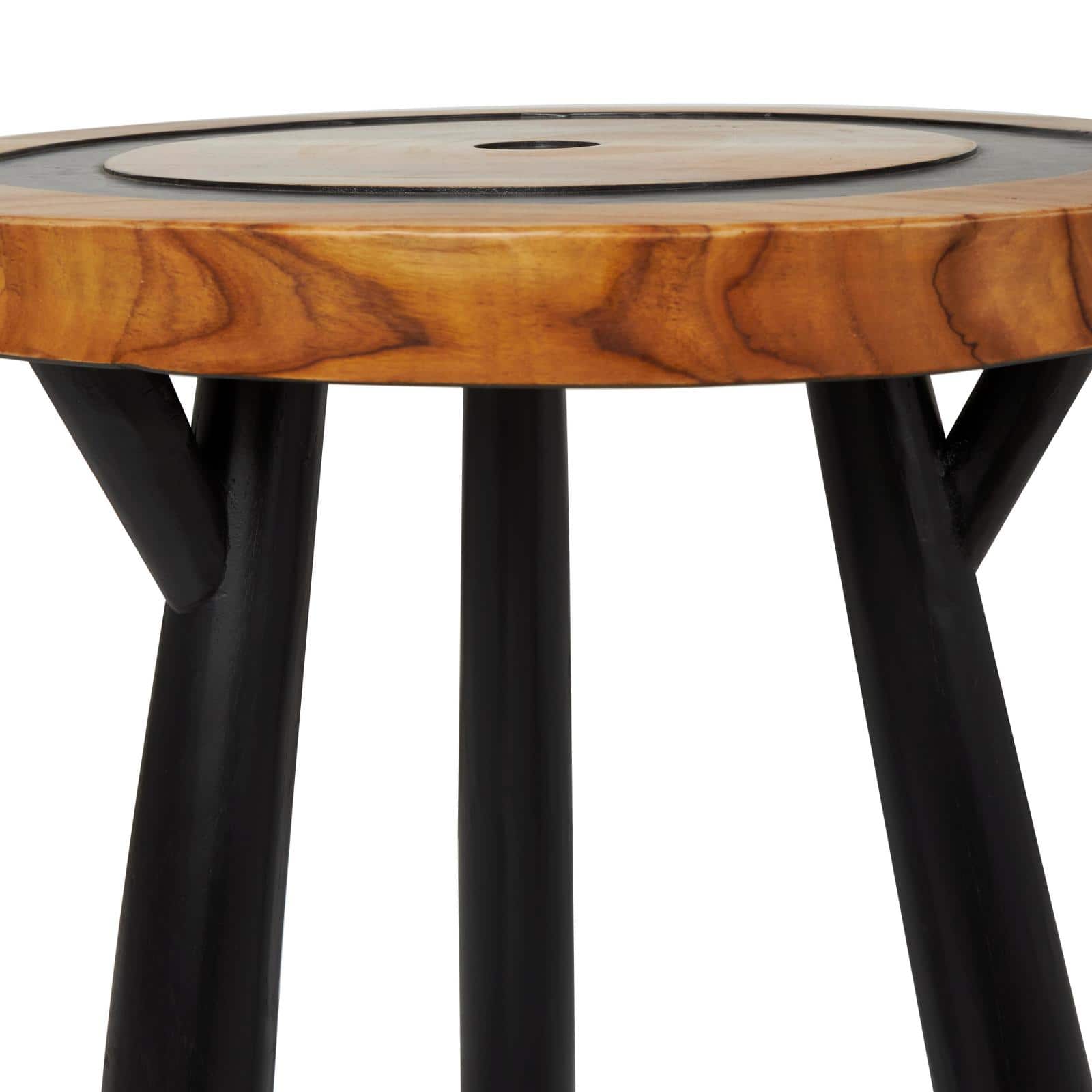 22" Brown Teak Wood Round Accent Table with Geometric Layered Circle Design and Black Legs