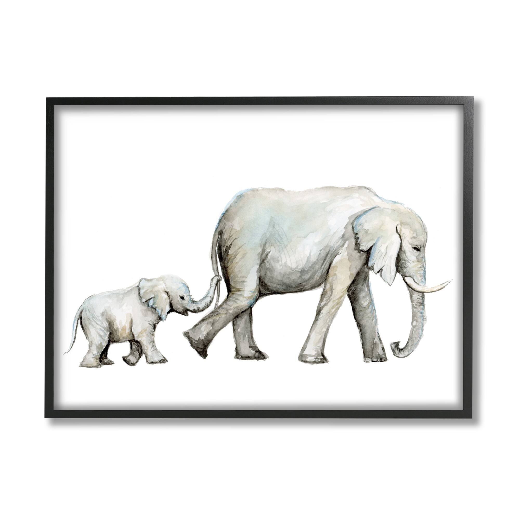 Stupell Industries Baby Elephant Mother Watercolor Painting Nursery Safari Animals Framed Wall Art
